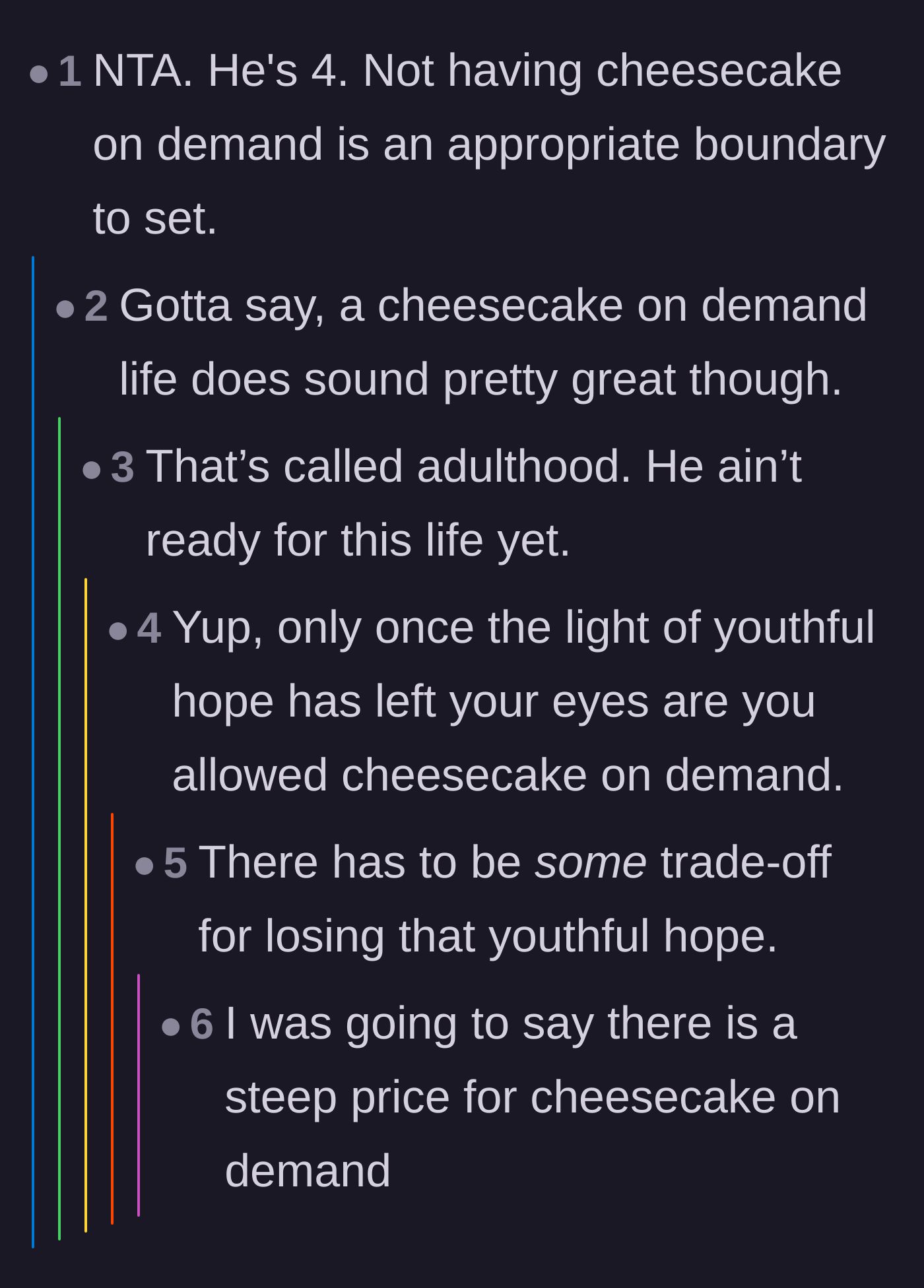 Comment thread 1 - A discussion about how unlimited cheesecake is the only upside to the crushing reality of adulthood.