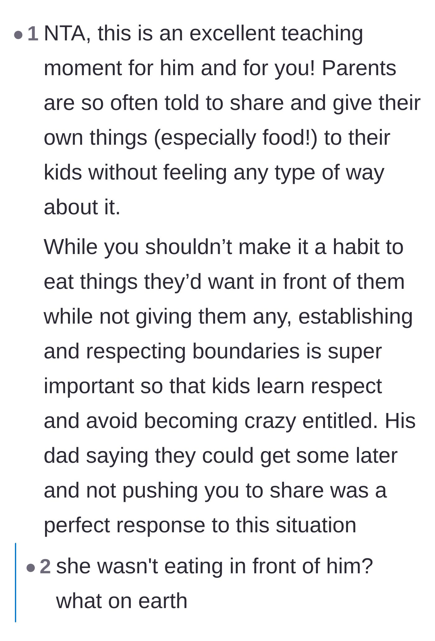 Comment thread 5 - A debate over whether parents are socially conditioned to sacrifice their own food, featuring a quick correction about the timeline.