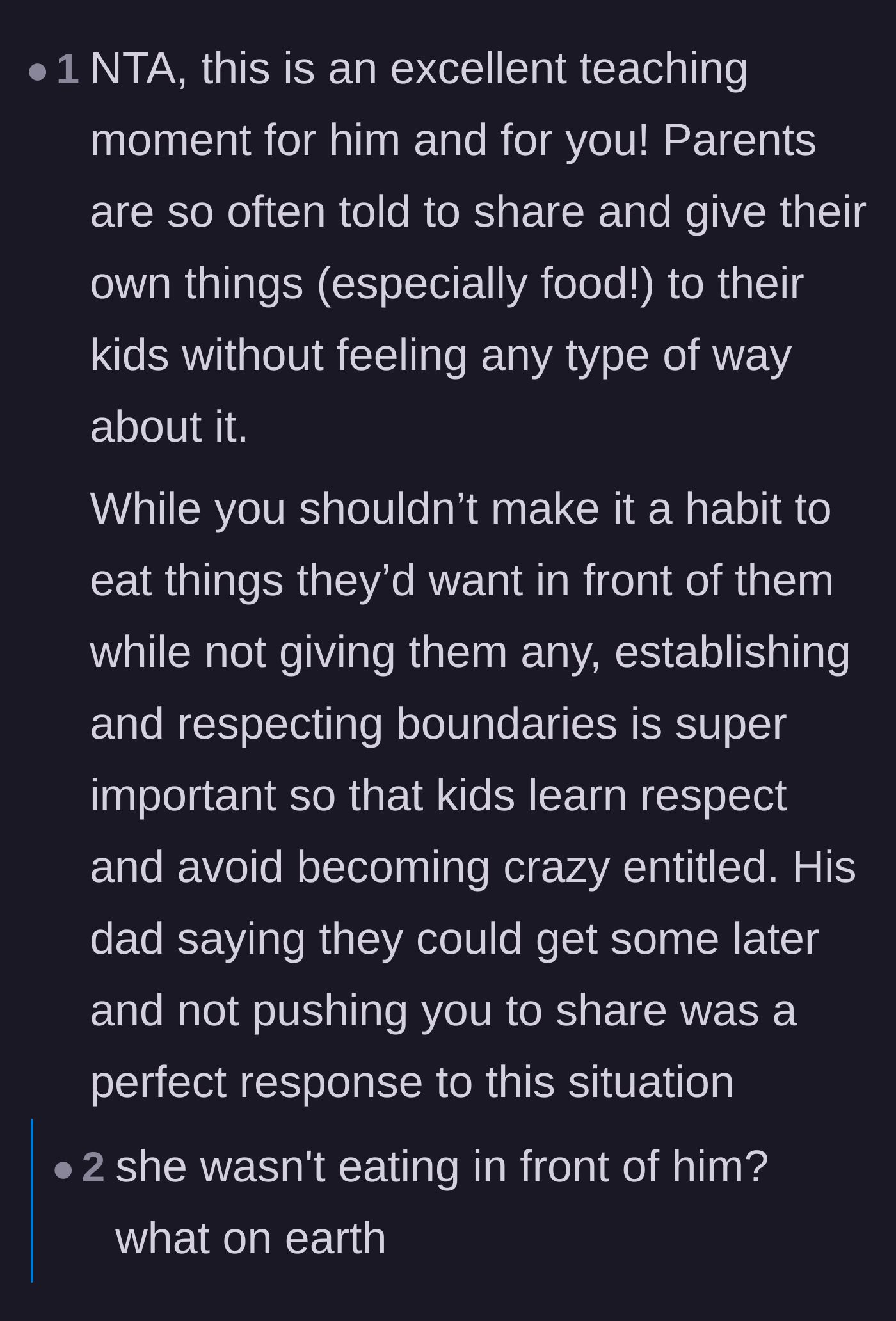 Comment thread 5 - A debate over whether parents are socially conditioned to sacrifice their own food, featuring a quick correction about the timeline.