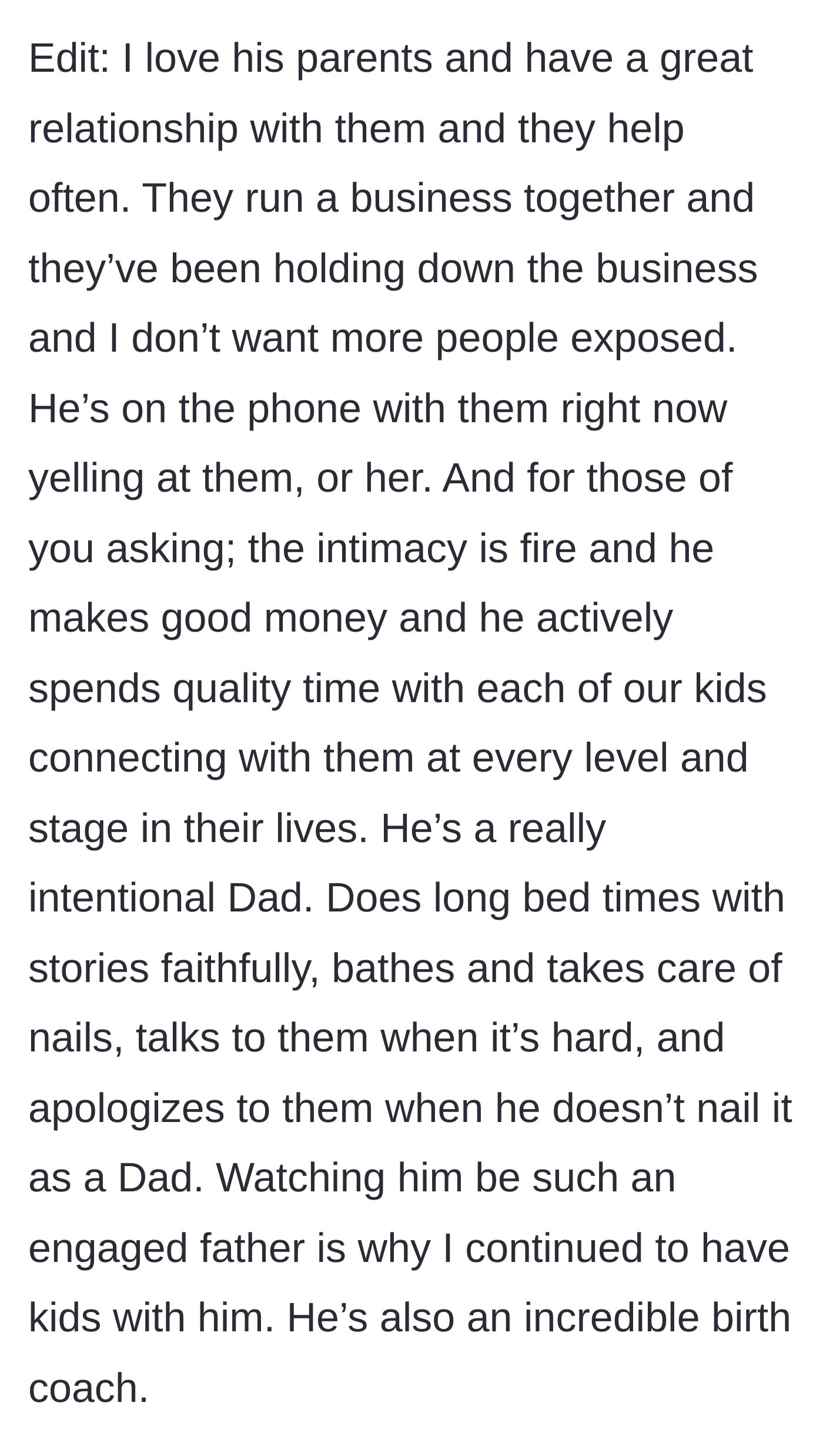 Story part 3 - Husband screaming at his parents on the phone while the wife defends his good qualities.