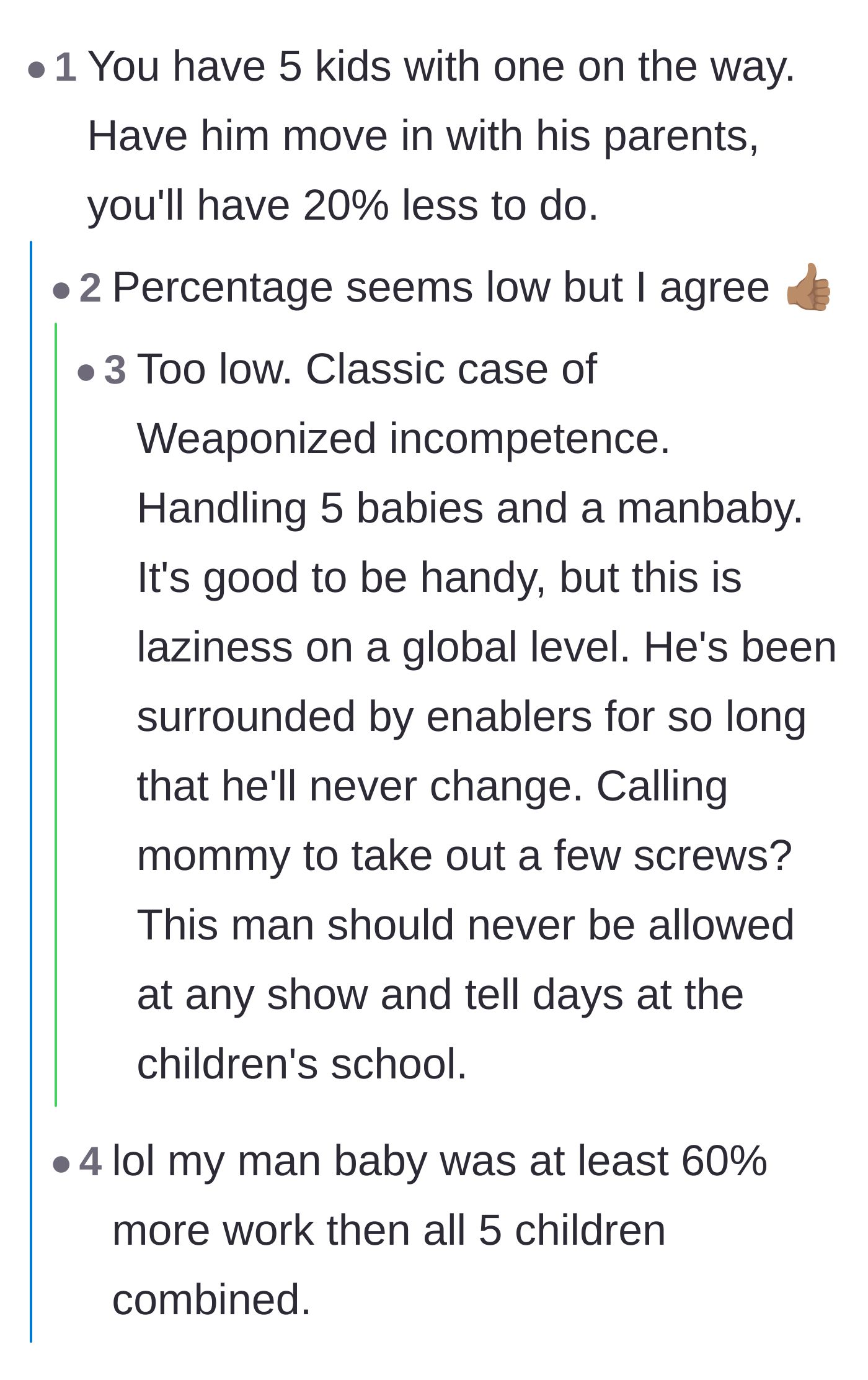 Comment thread 1 - Readers discussing how a helpless partner adds more work than actual children, joking about sending him back to his parents.