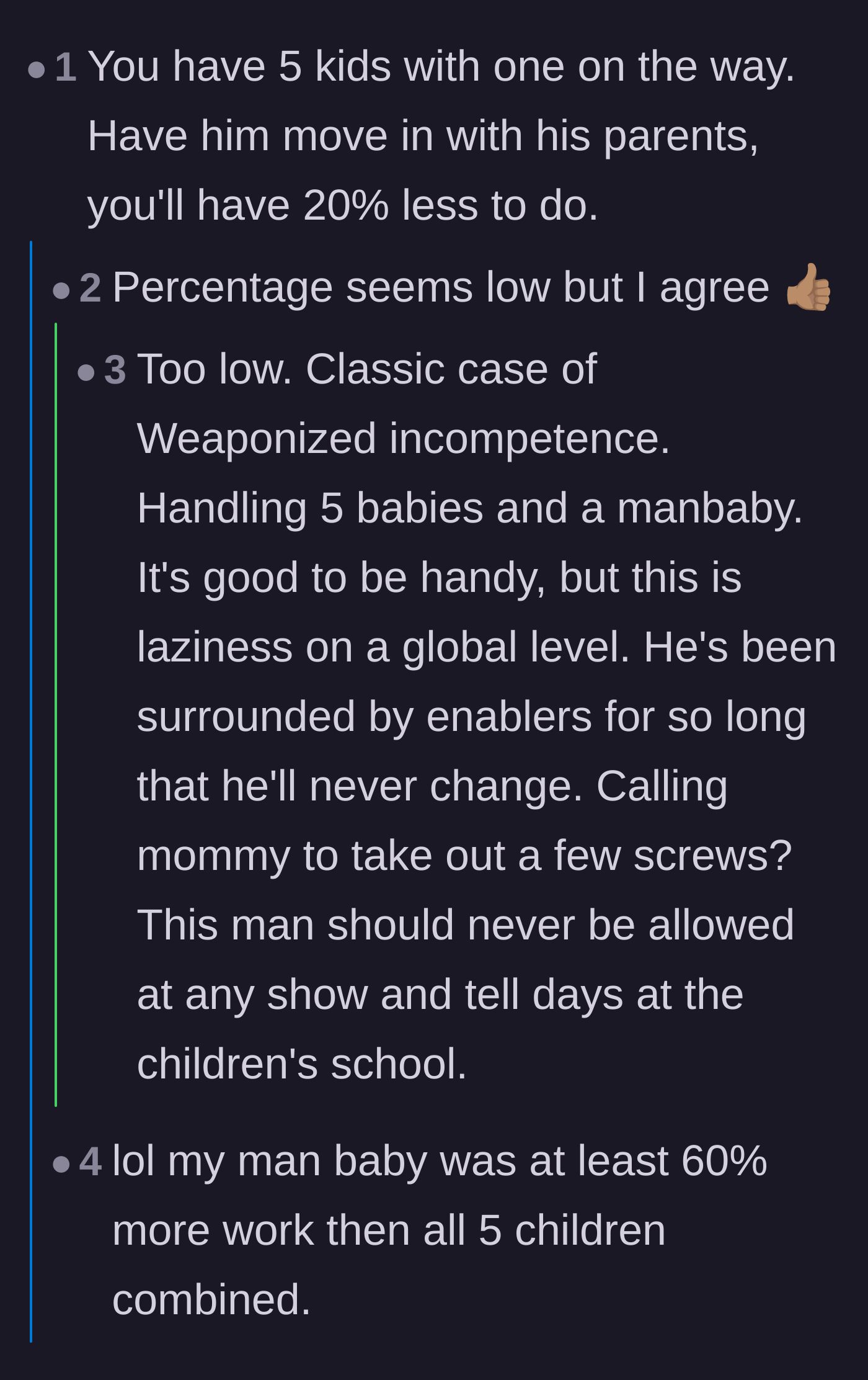Comment thread 1 - Readers discussing how a helpless partner adds more work than actual children, joking about sending him back to his parents.