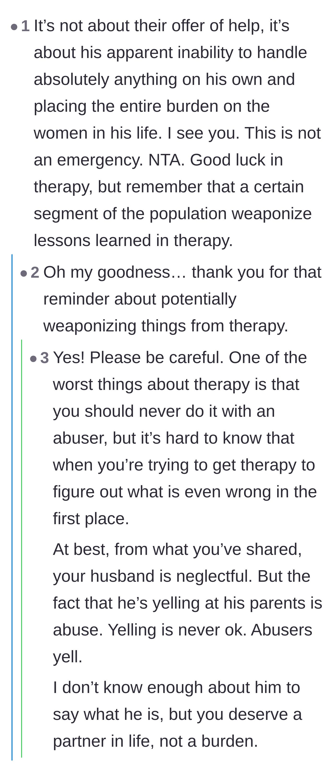 Comment thread 3 - A serious warning from readers about the dangers of going to couples therapy with an emotionally abusive partner.