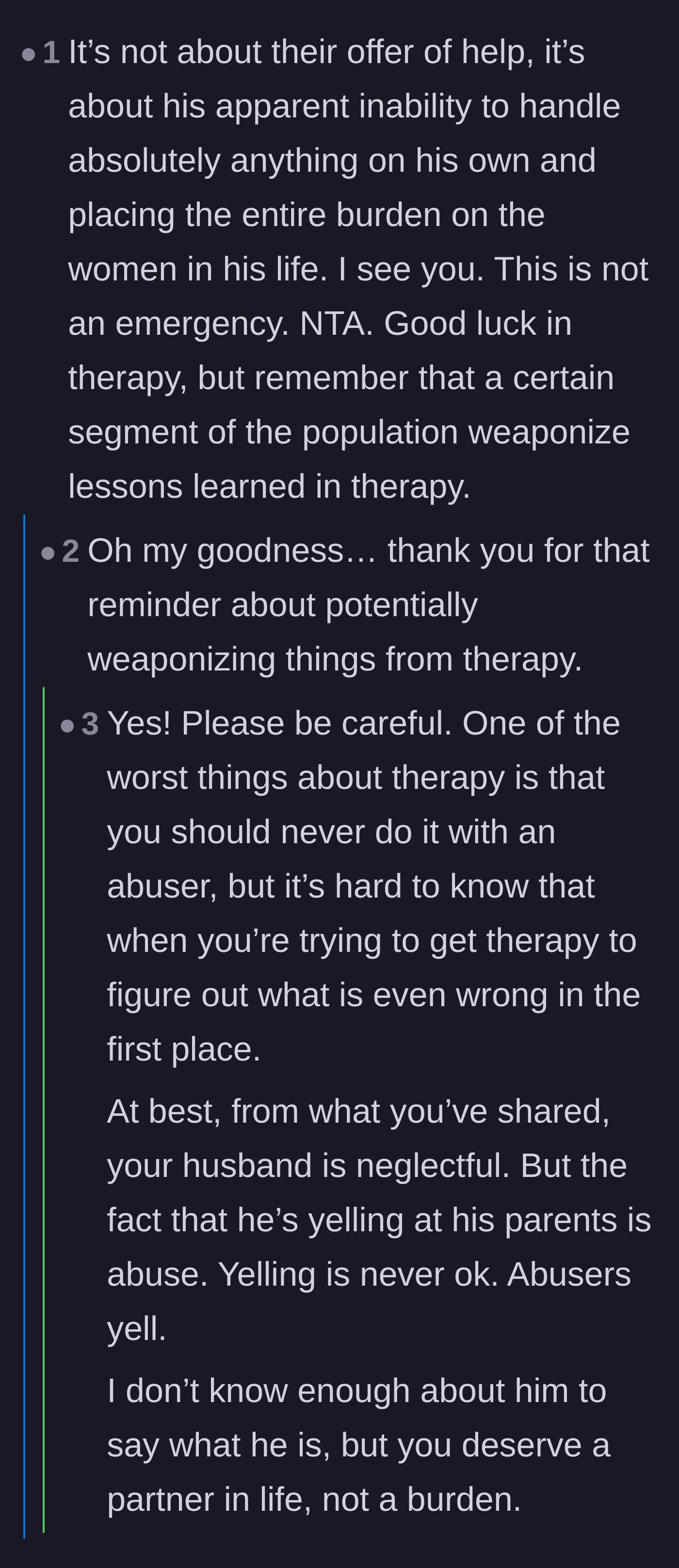 Comment thread 3 - A serious warning from readers about the dangers of going to couples therapy with an emotionally abusive partner.