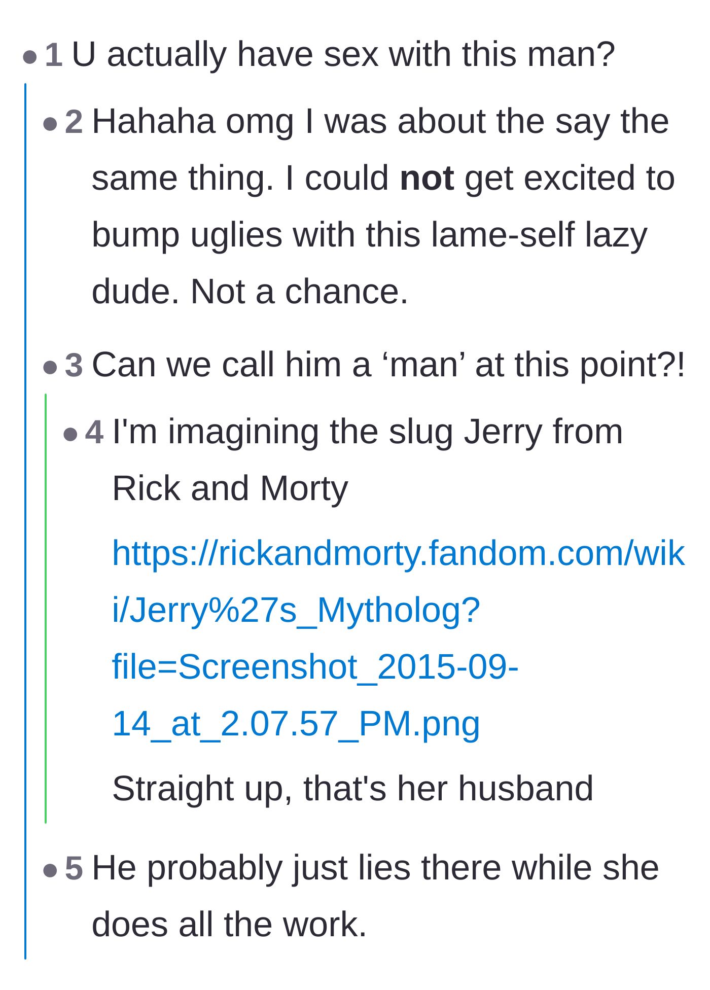 Comment thread 4 - Readers expressing sheer disbelief that the wife is still physically attracted to a man who refuses to act like an adult.