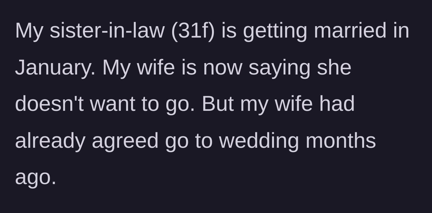 Story part 2 - The husband reveals his sister-in-law's upcoming January wedding, which the wife previously agreed to attend but is now trying to back out of.