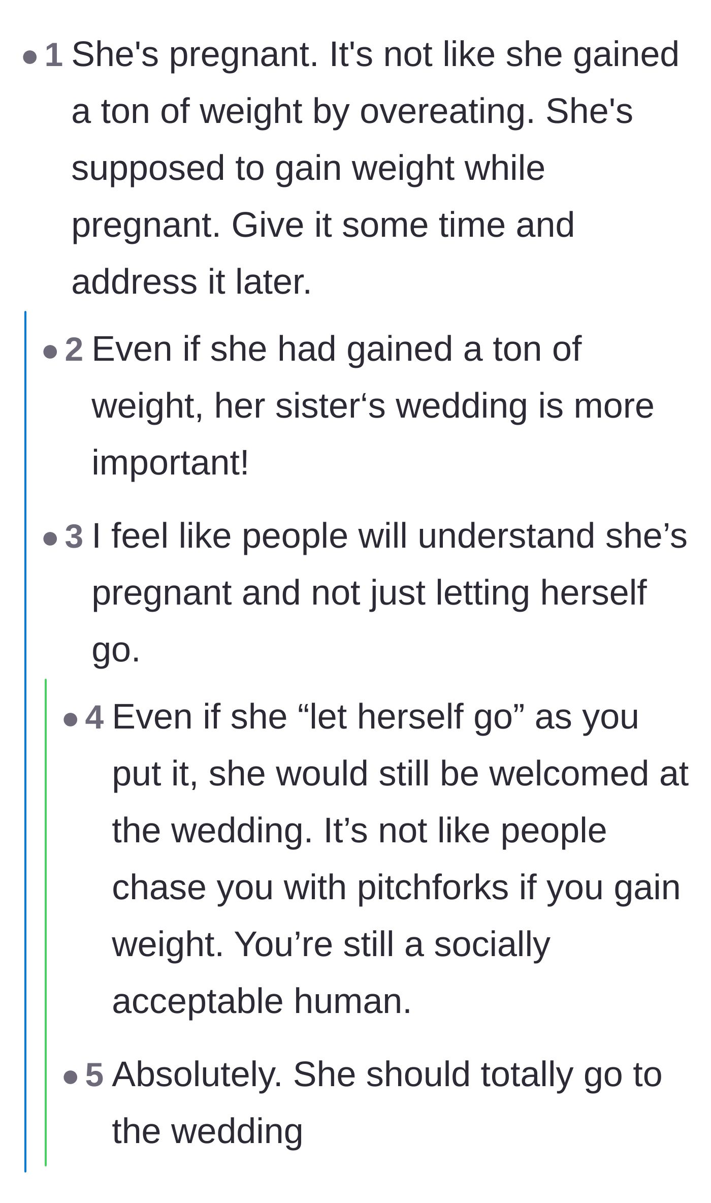 Comment thread 1 - Discussion emphasizing that weight gain is entirely expected during pregnancy and attendees will be understanding.