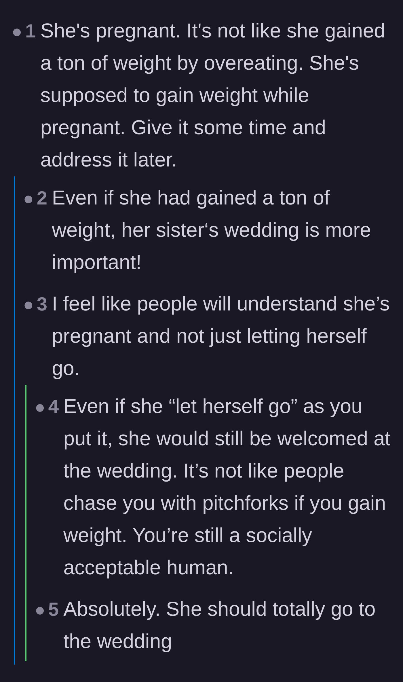 Comment thread 1 - Discussion emphasizing that weight gain is entirely expected during pregnancy and attendees will be understanding.