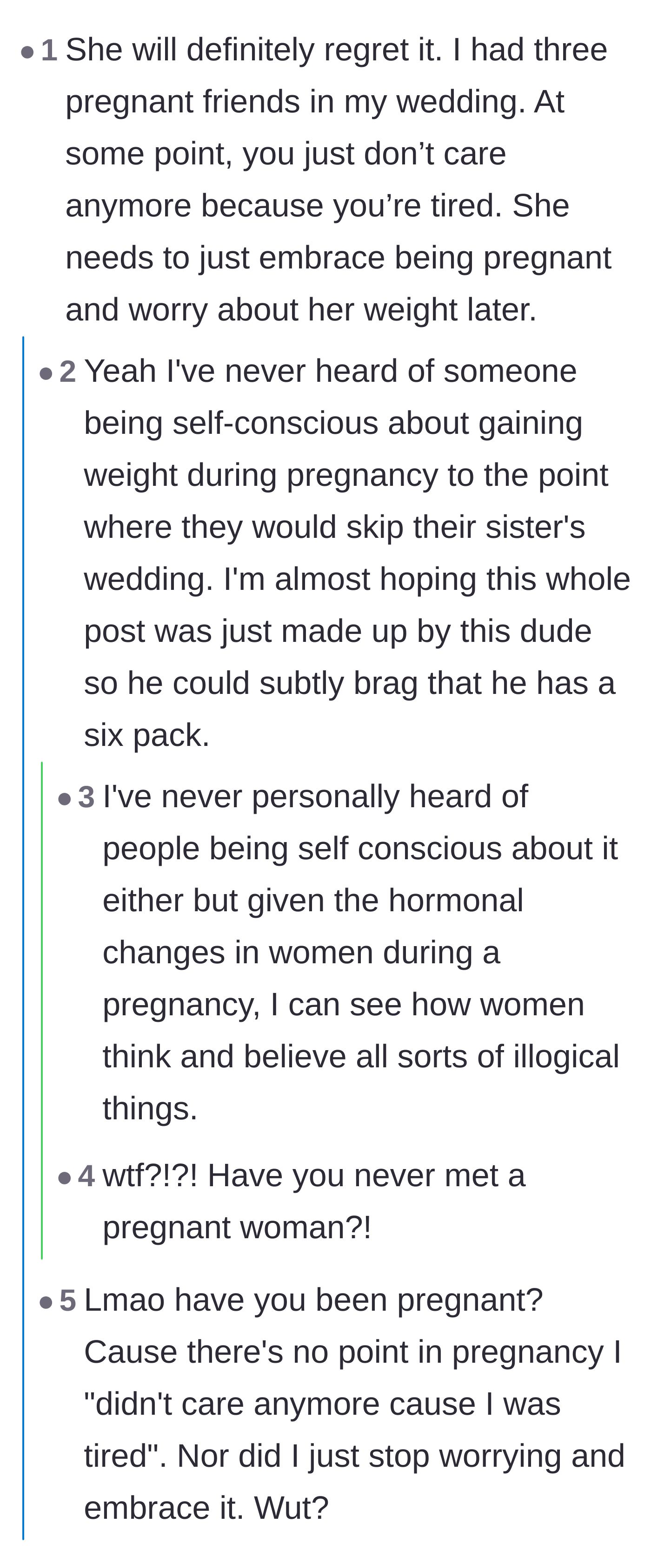 Comment thread 2 - Debate over whether the husband is just bragging about his fitness or if pregnancy hormones genuinely cause this level of extreme insecurity.
