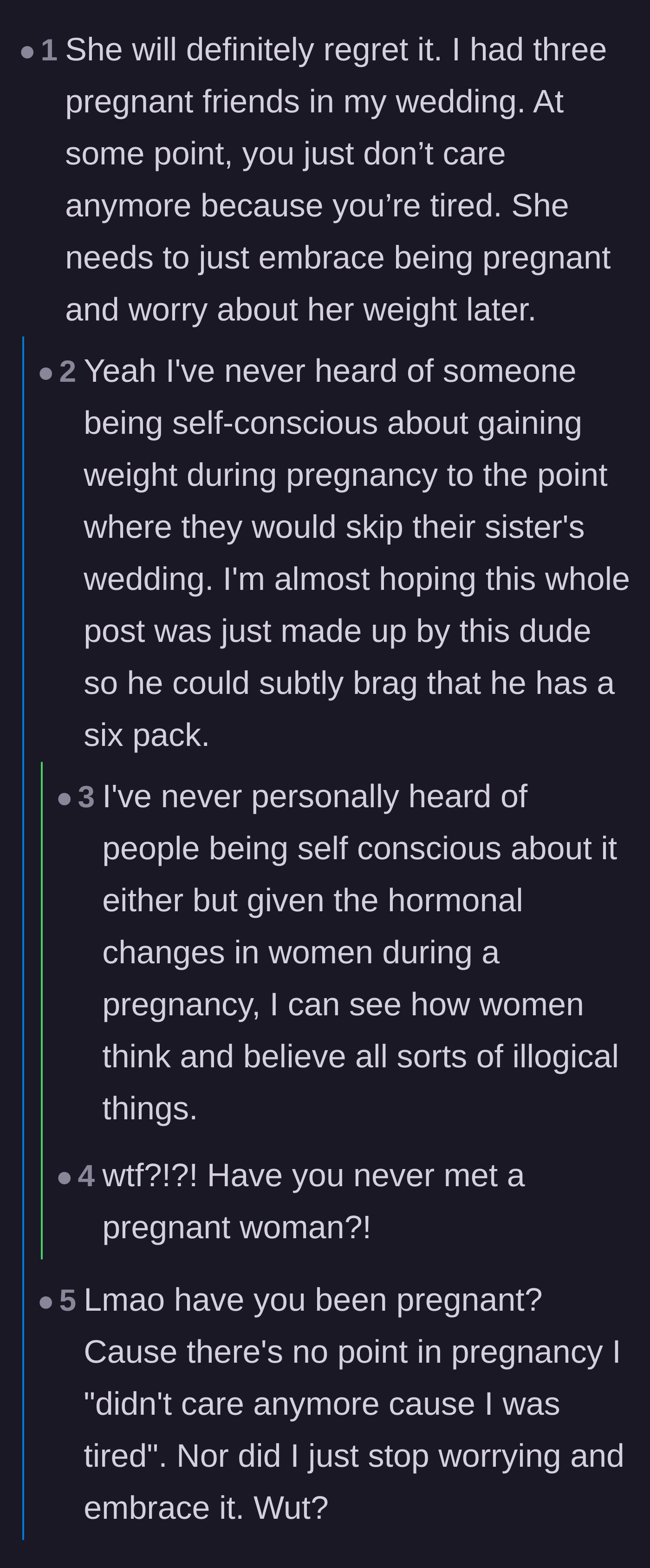 Comment thread 2 - Debate over whether the husband is just bragging about his fitness or if pregnancy hormones genuinely cause this level of extreme insecurity.