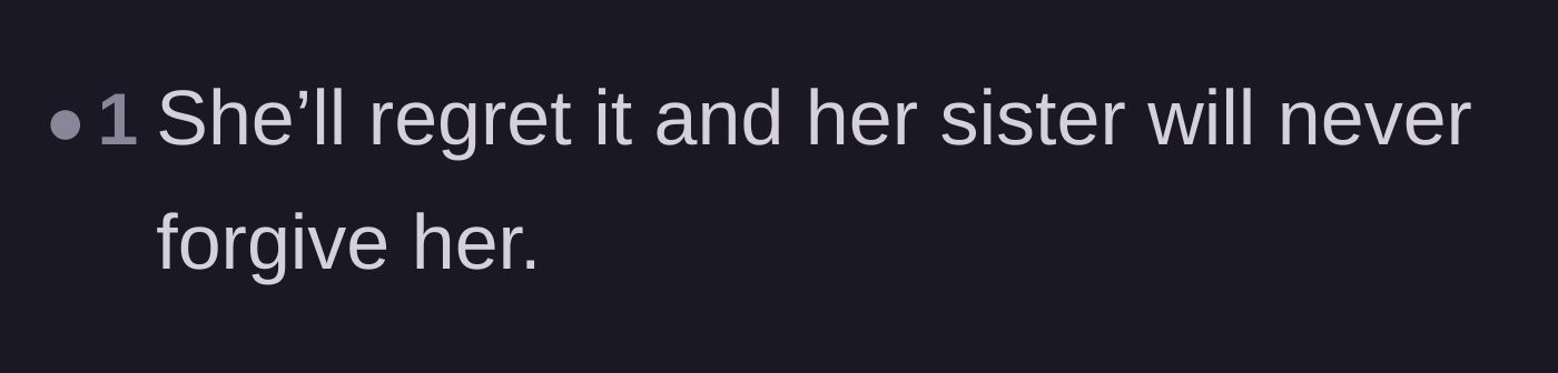 Comment thread 6 - A blunt, single-sentence prediction that the wife will regret skipping and the sister will never forgive her.