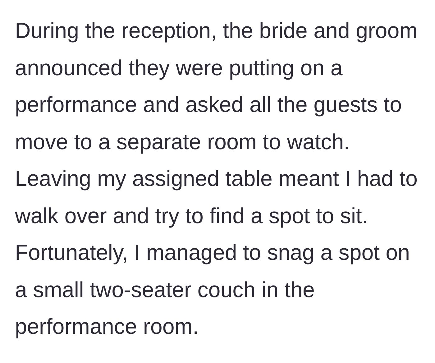 Story part 2 - The couple moves to a performance room, and she manages to score a spot on a small two-seater couch.