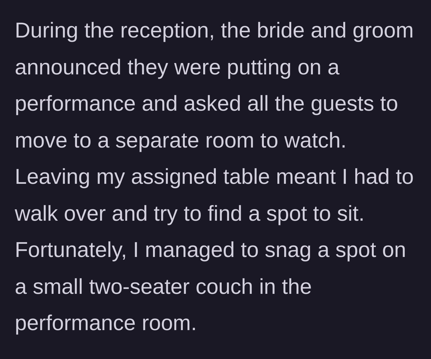 Story part 2 - The couple moves to a performance room, and she manages to score a spot on a small two-seater couch.