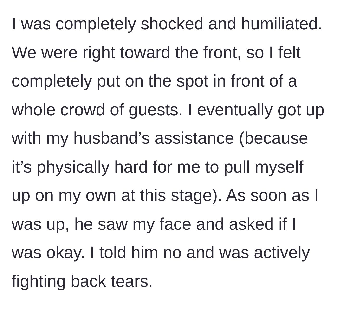 Story part 5 - She is completely shocked and humiliated, struggling to stand up with her husband's help while fighting back tears.