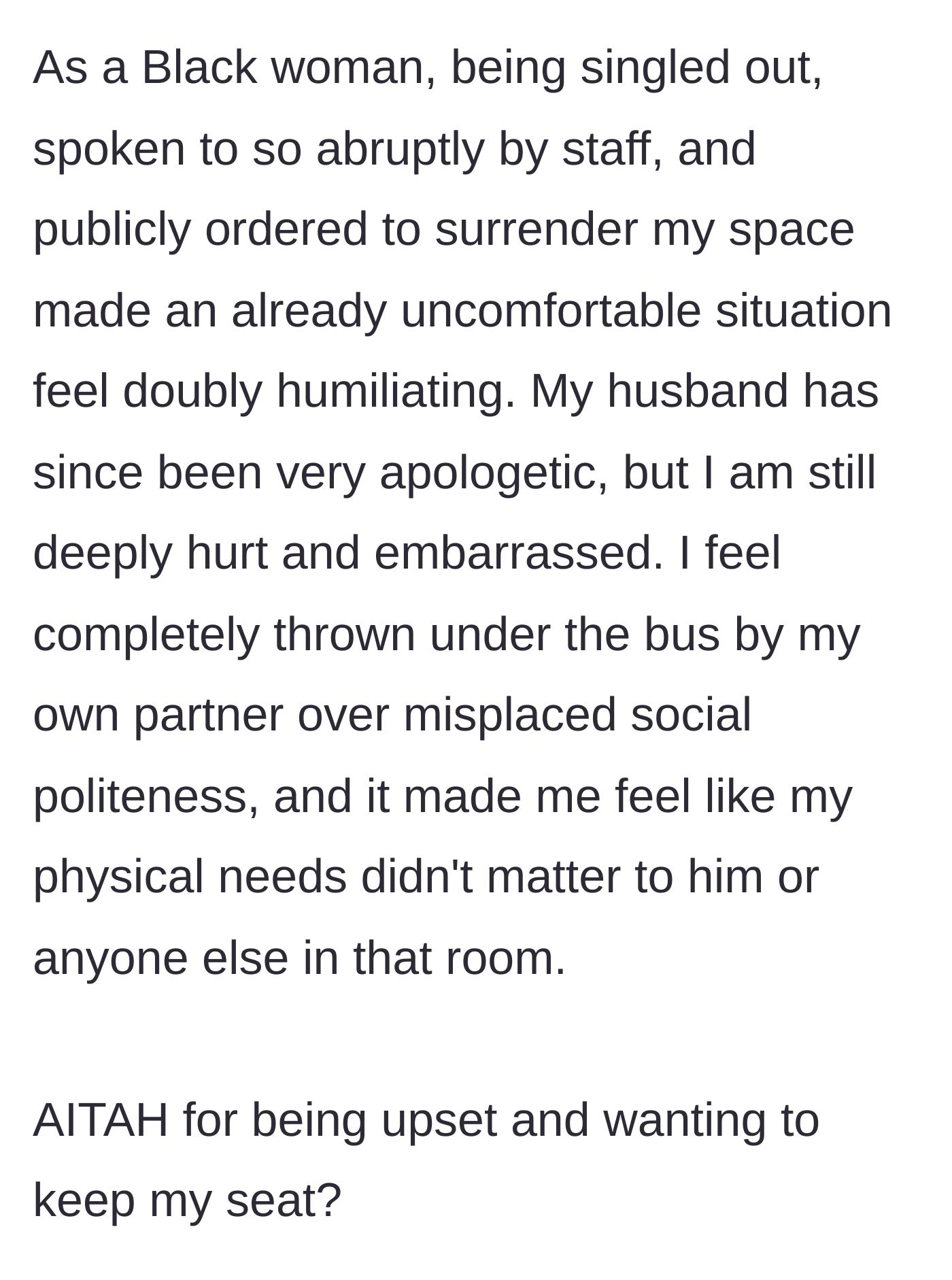 Story part 7 - As a Black woman, she felt doubly humiliated by the staff and her husband, feeling her physical needs completely ignored.