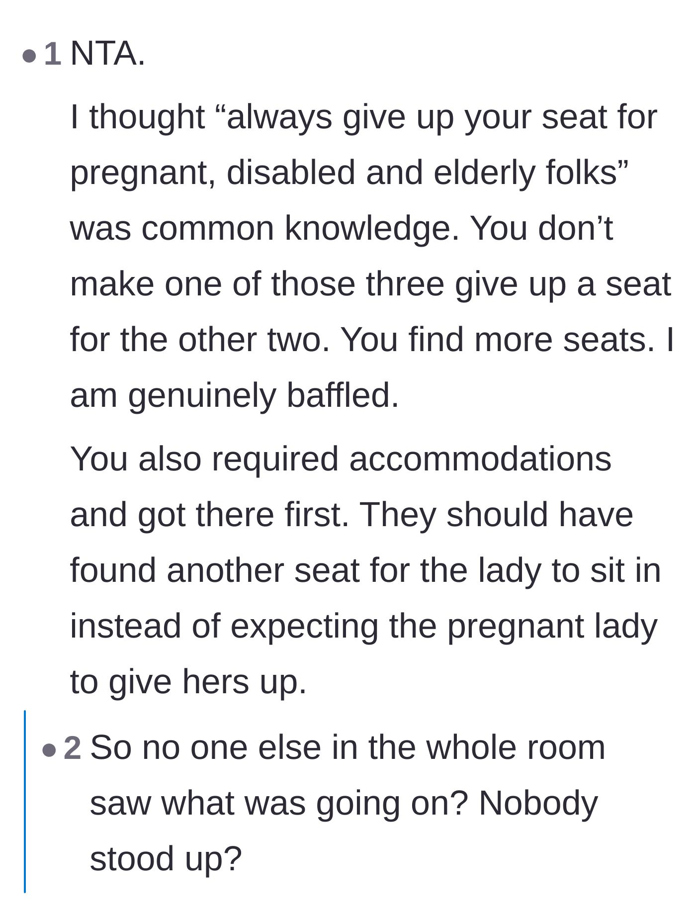 Comment thread 2 - A discussion about the golden rule of seating where disabled, elderly, and pregnant folks should never have to compete for a single chair.