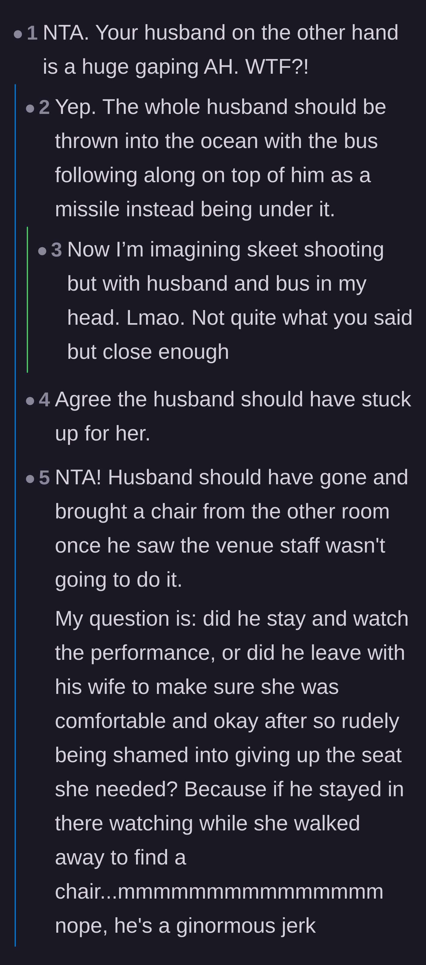 Comment thread 4 - Speculation about whether the husband abandoned her to watch the show, and dramatic jokes about tossing him into the ocean.