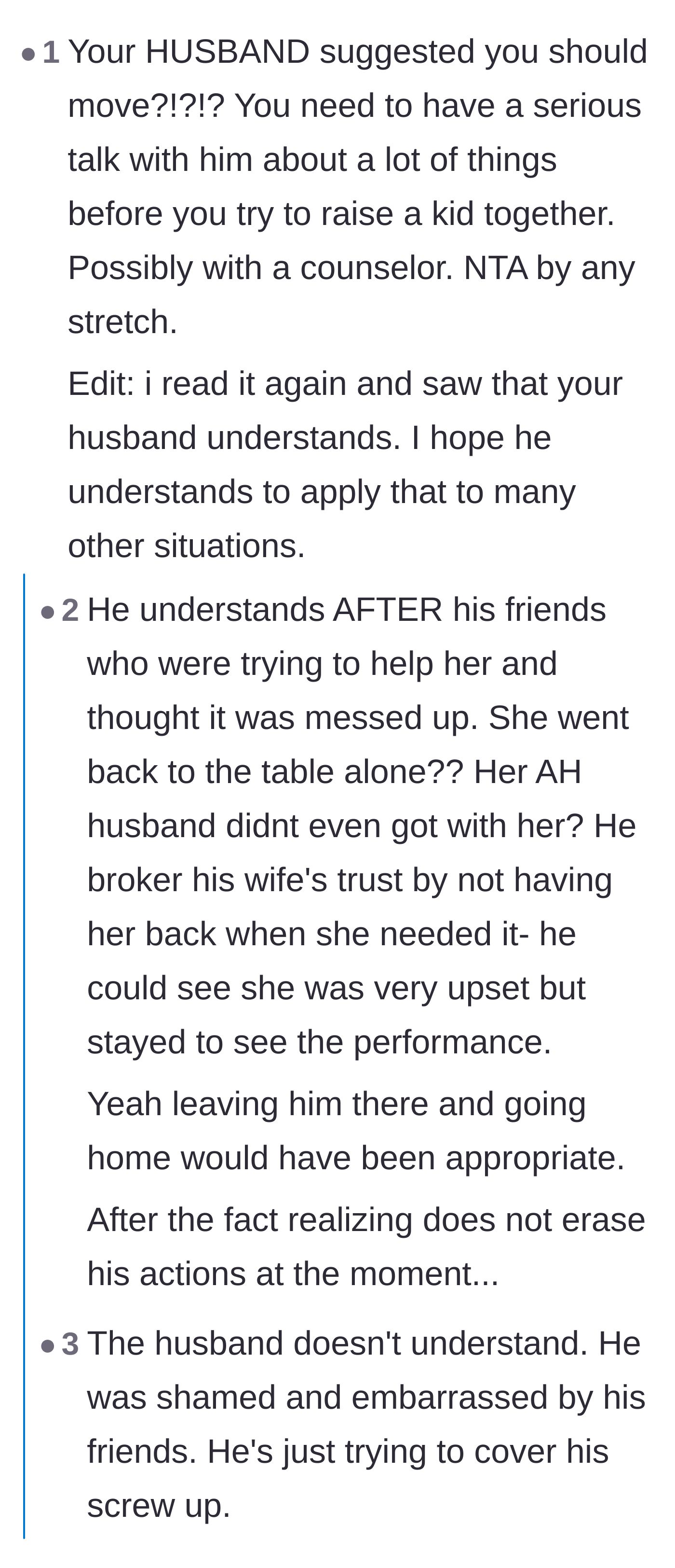 Comment thread 5 - Analyzing how the husband only realized his mistake because his friends' reactions embarrassed him into apologizing.