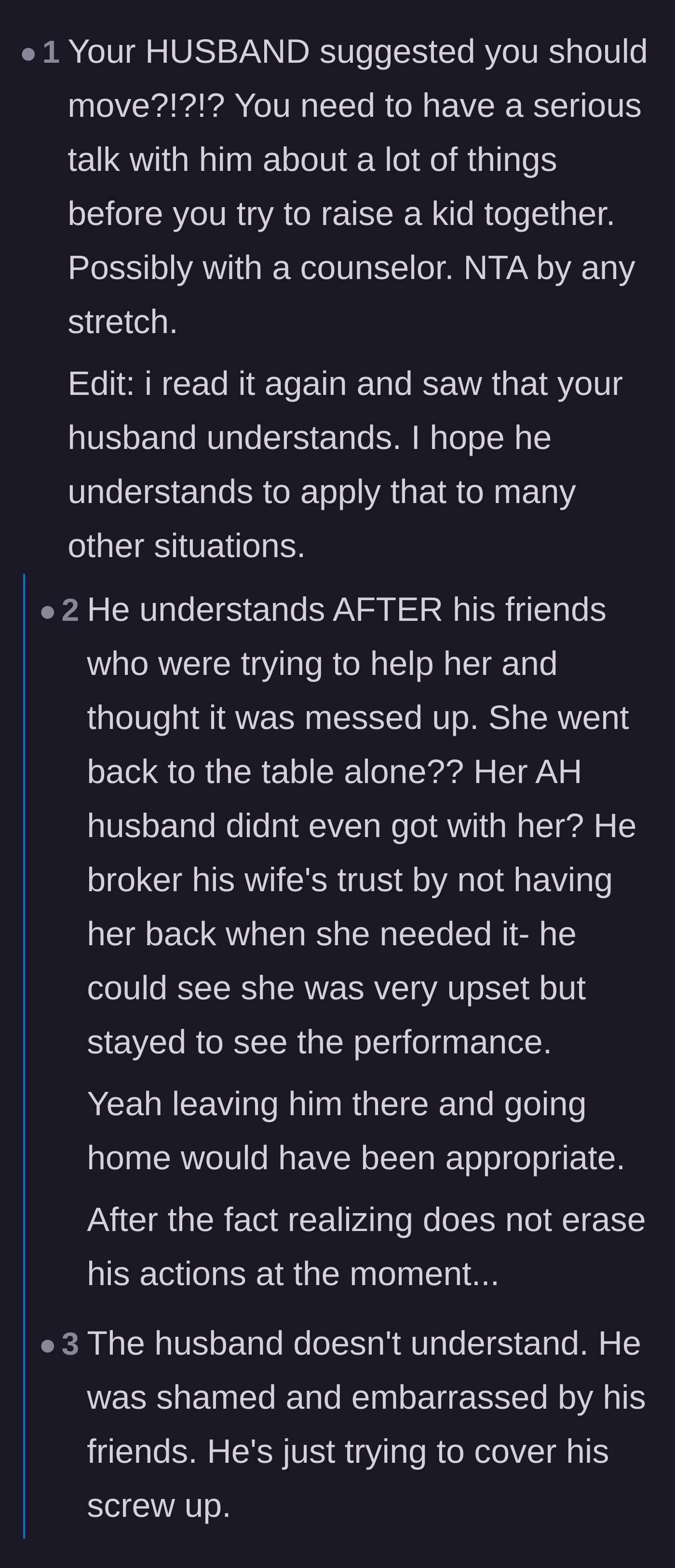 Comment thread 5 - Analyzing how the husband only realized his mistake because his friends' reactions embarrassed him into apologizing.
