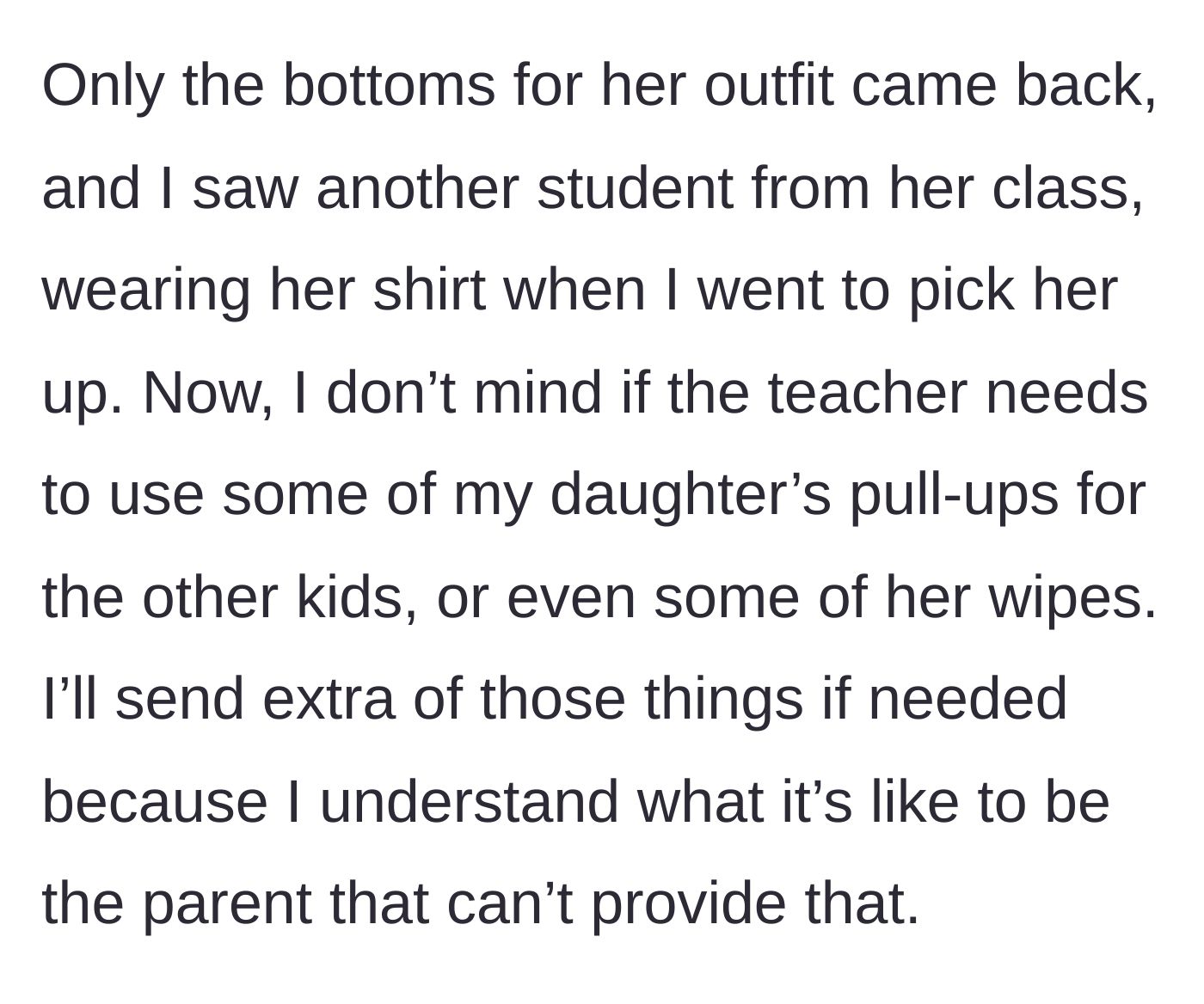 Story part 2 - Mother picks up her daughter, notices missing shirt, and sees another student wearing it.