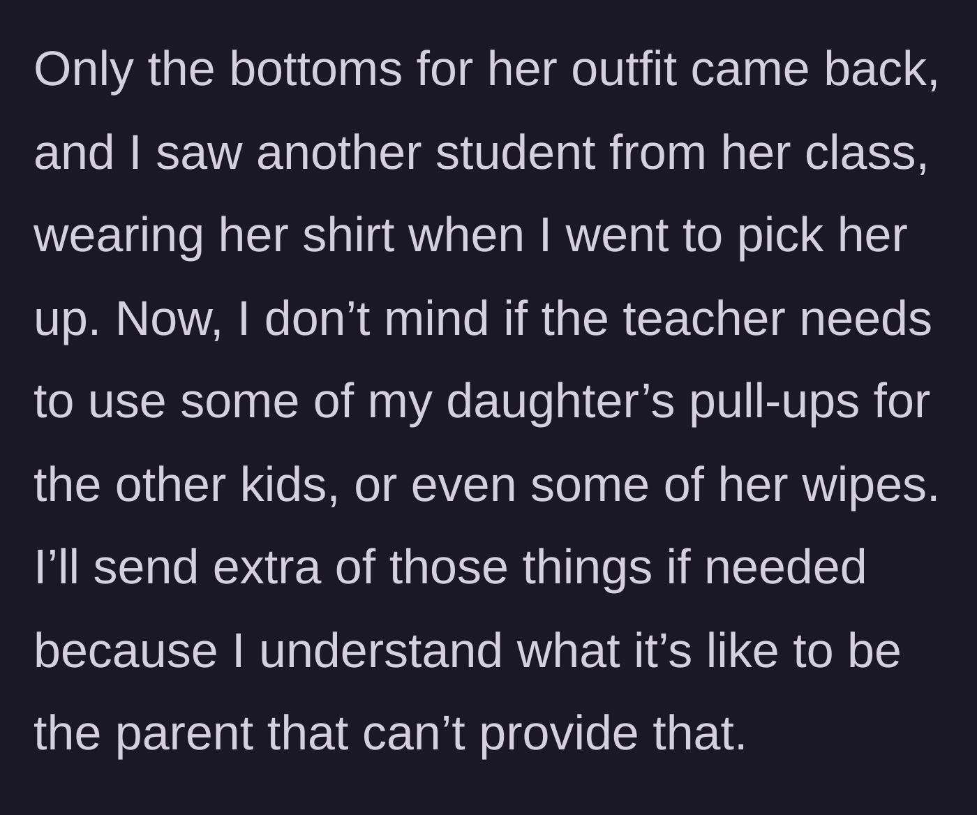 Story part 2 - Mother picks up her daughter, notices missing shirt, and sees another student wearing it.