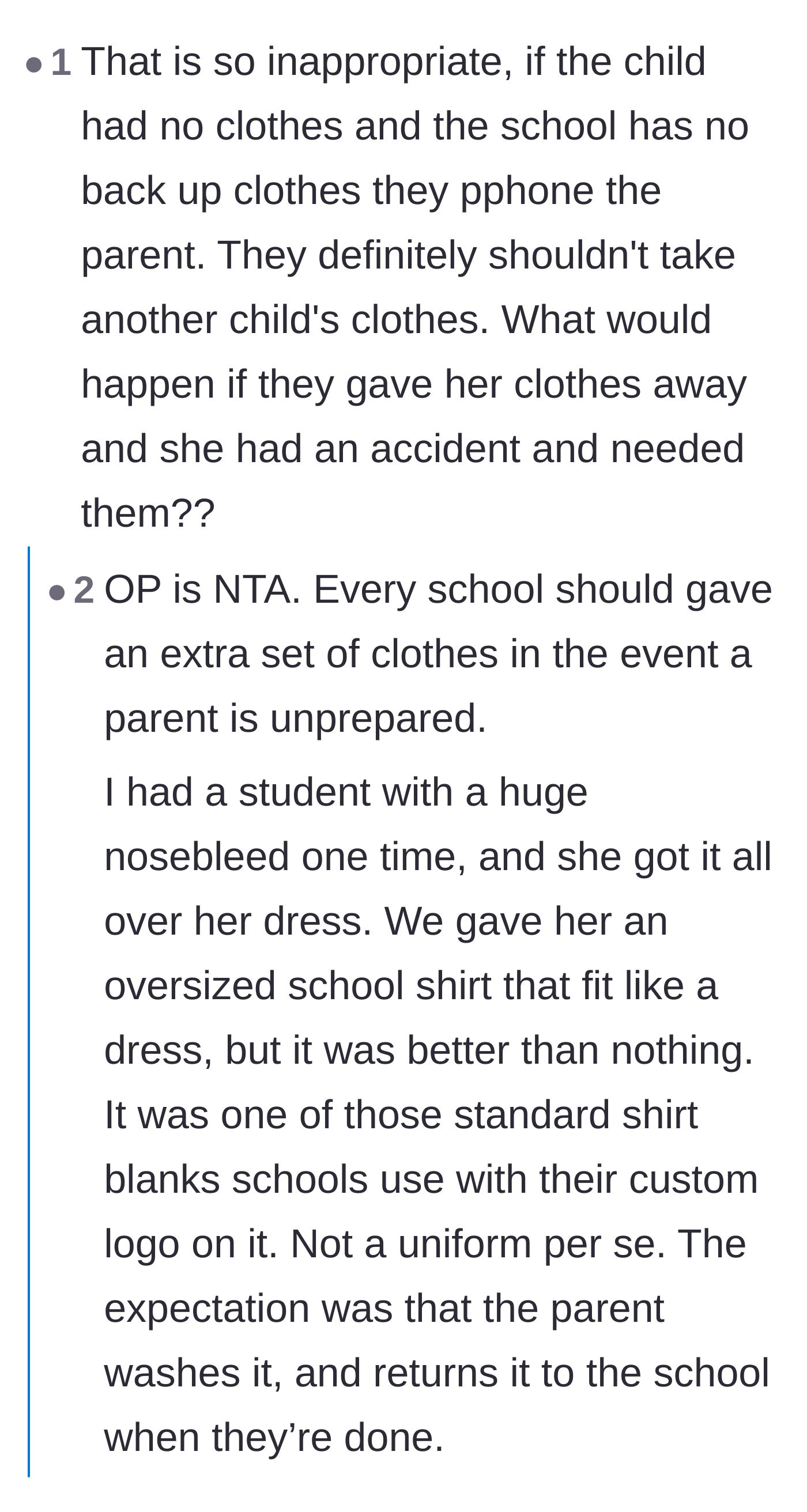 Comment thread 1 - Discussing hygiene risks, school policies, and the idea of 'spare clothing' closets