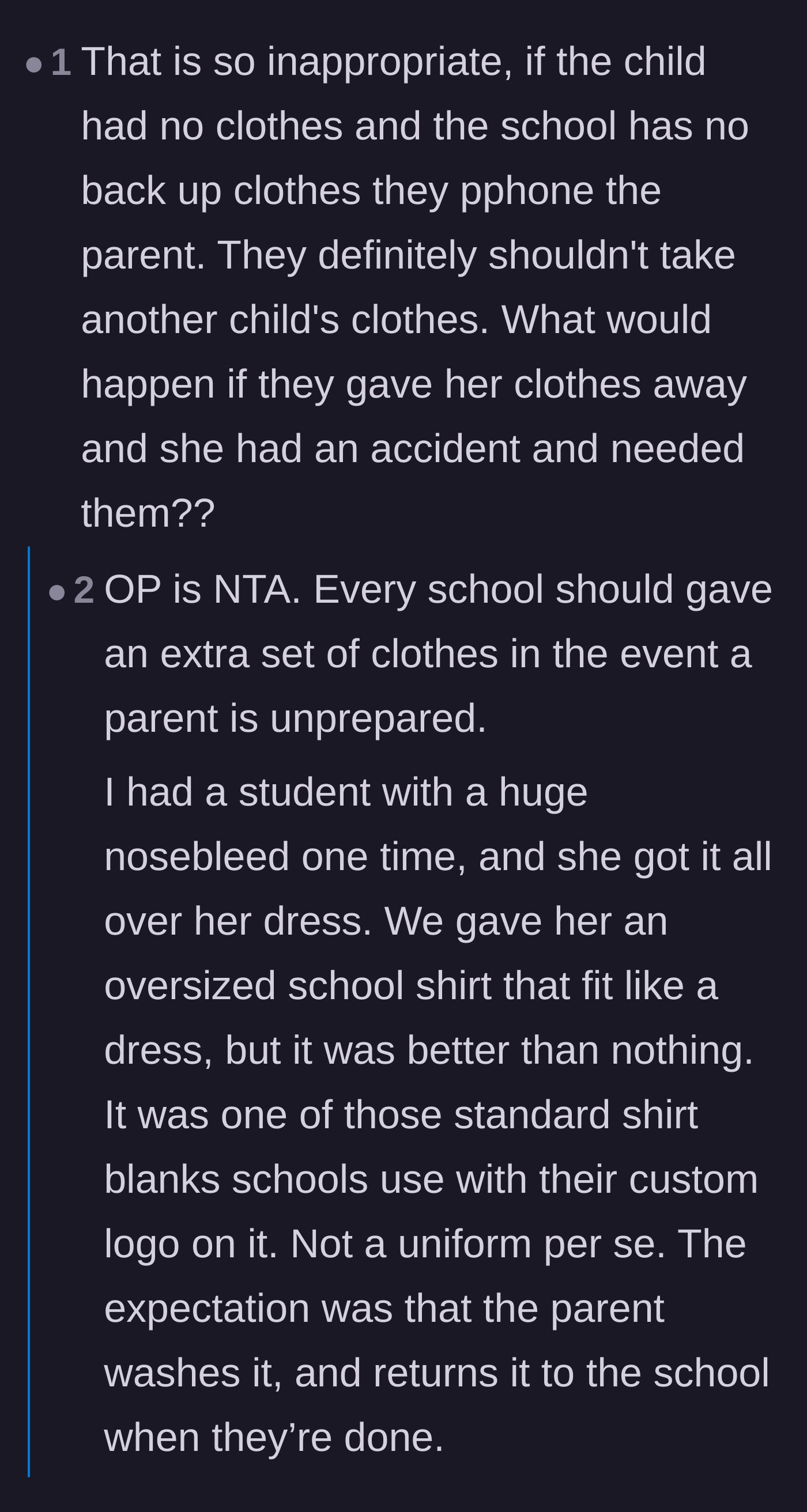 Comment thread 1 - Discussing hygiene risks, school policies, and the idea of 'spare clothing' closets