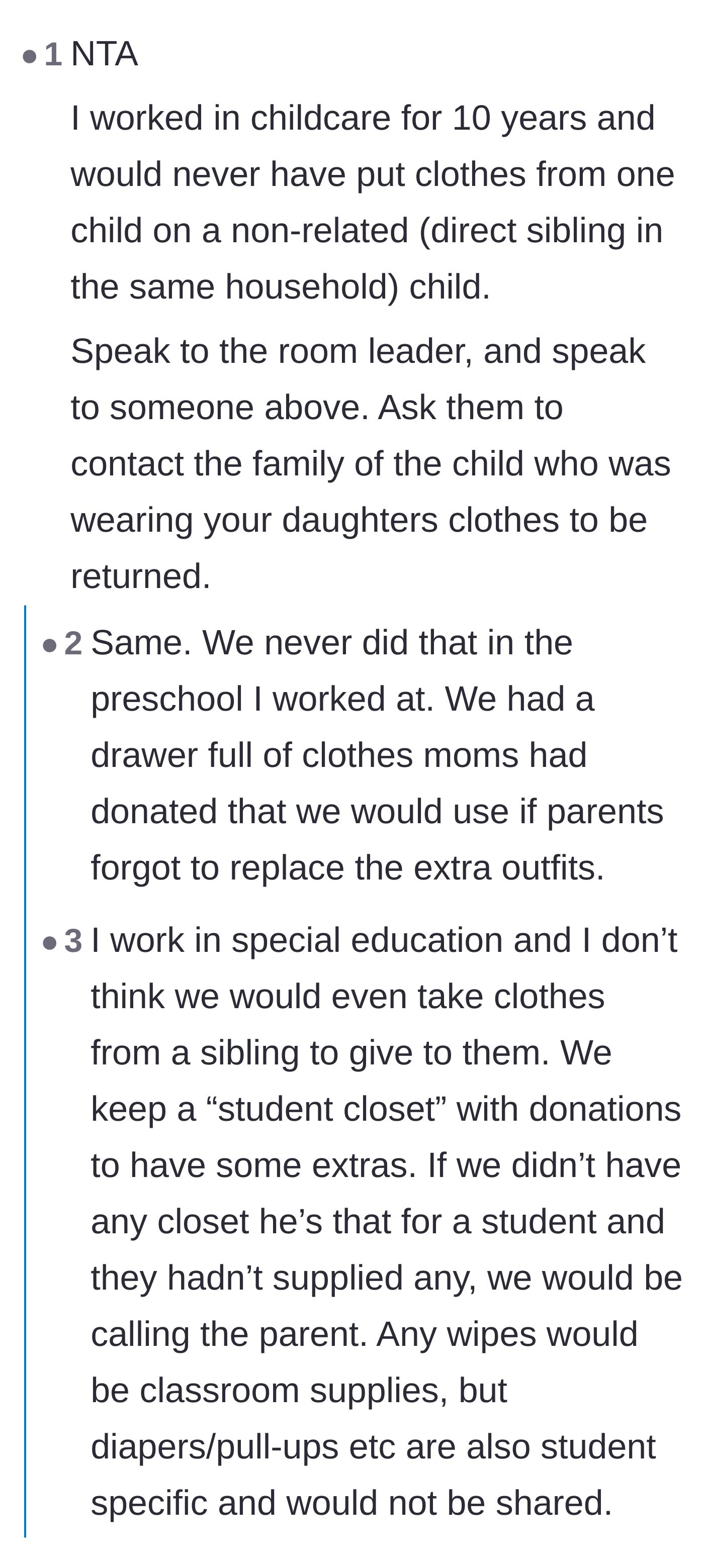 Comment thread 2 - Childcare and special ed workers sharing their professional protocols on borrowing clothes
