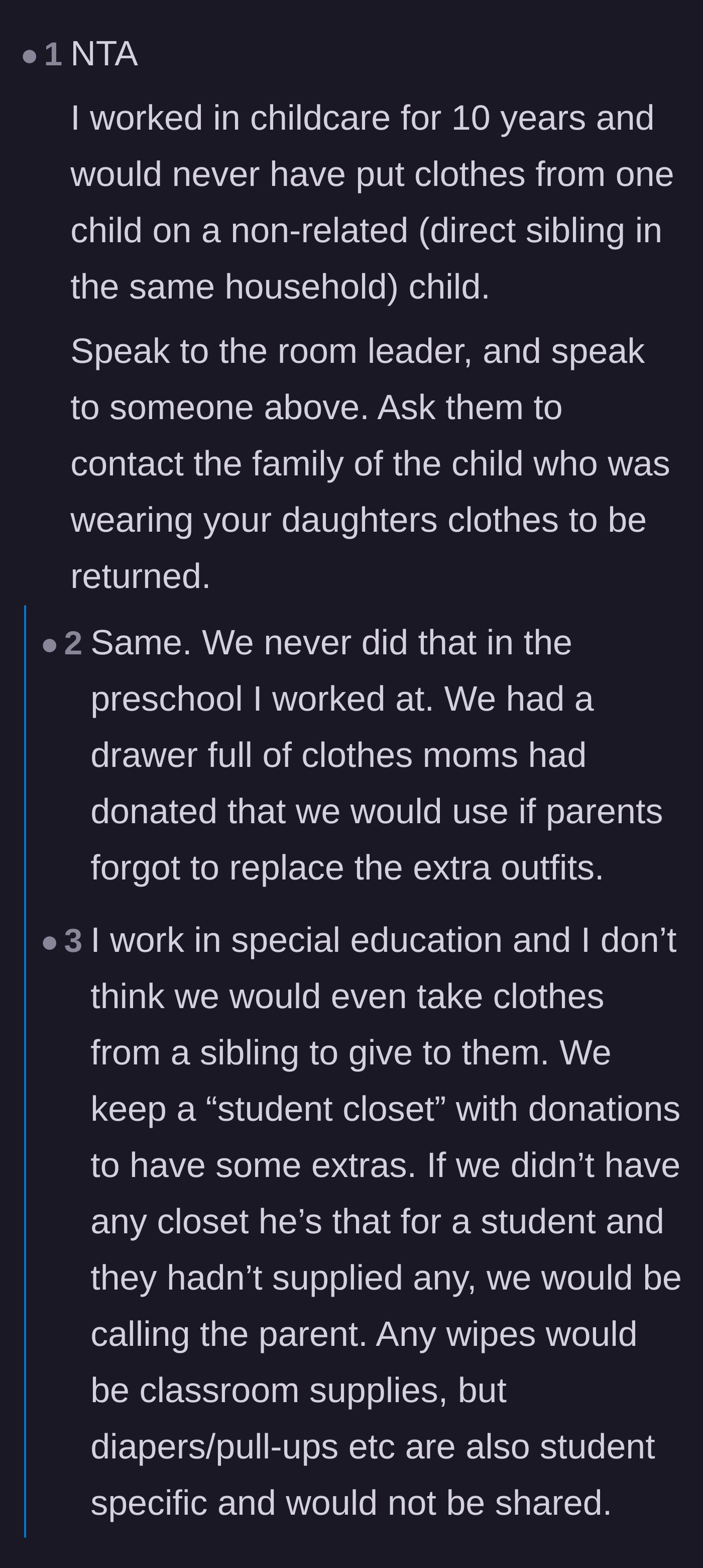 Comment thread 2 - Childcare and special ed workers sharing their professional protocols on borrowing clothes