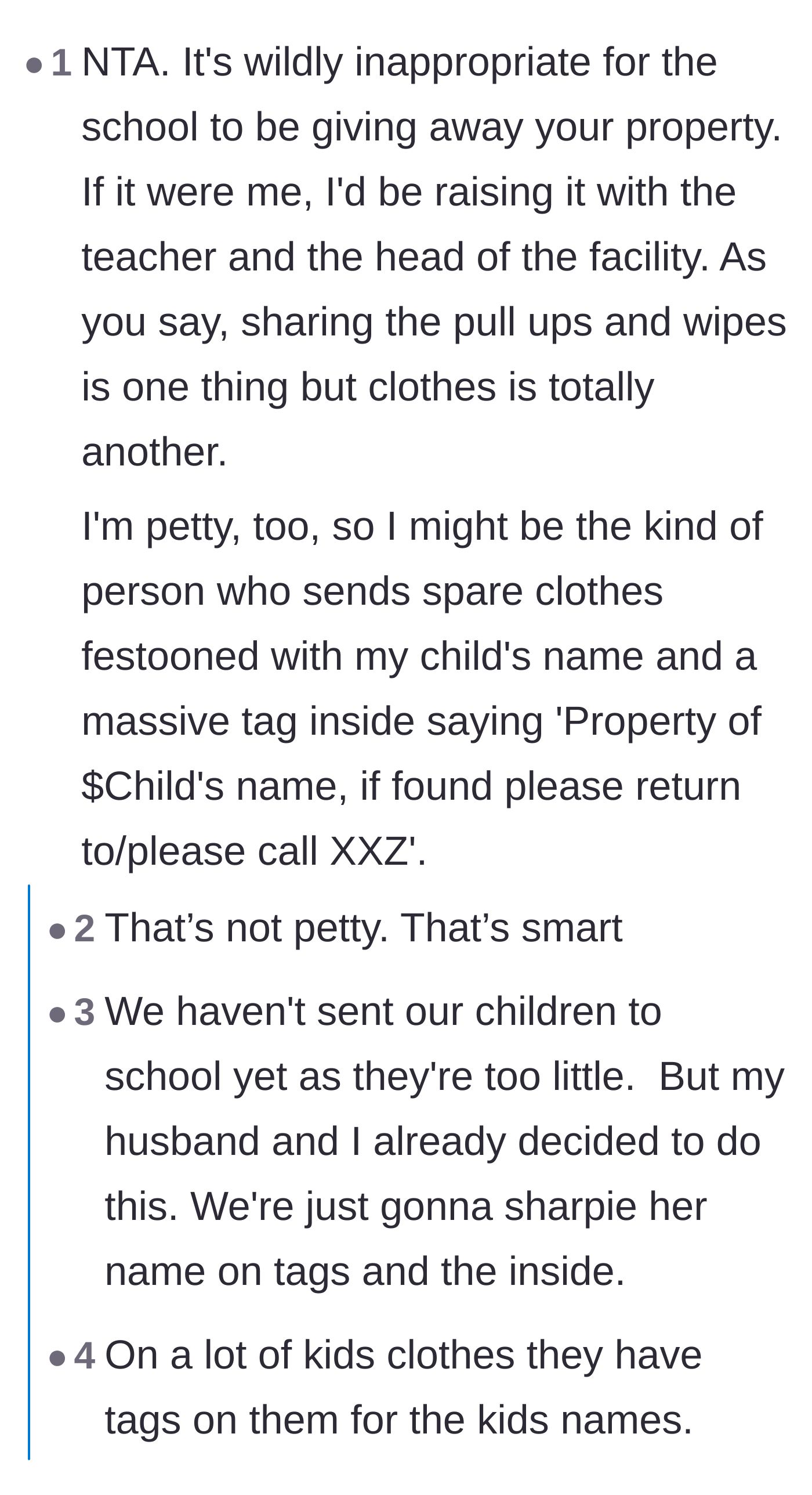 Comment thread 3 - Suggesting the mother should aggressively label all clothes with permanent marker or tags