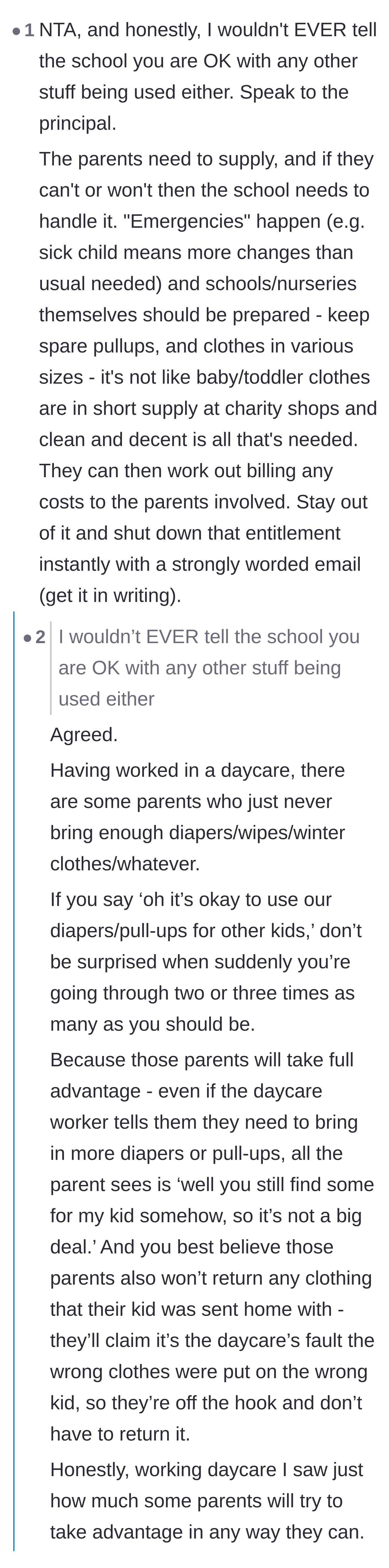 Comment thread 6 - Warning the mother not to allow the school to use any of her supplies, not even the diapers