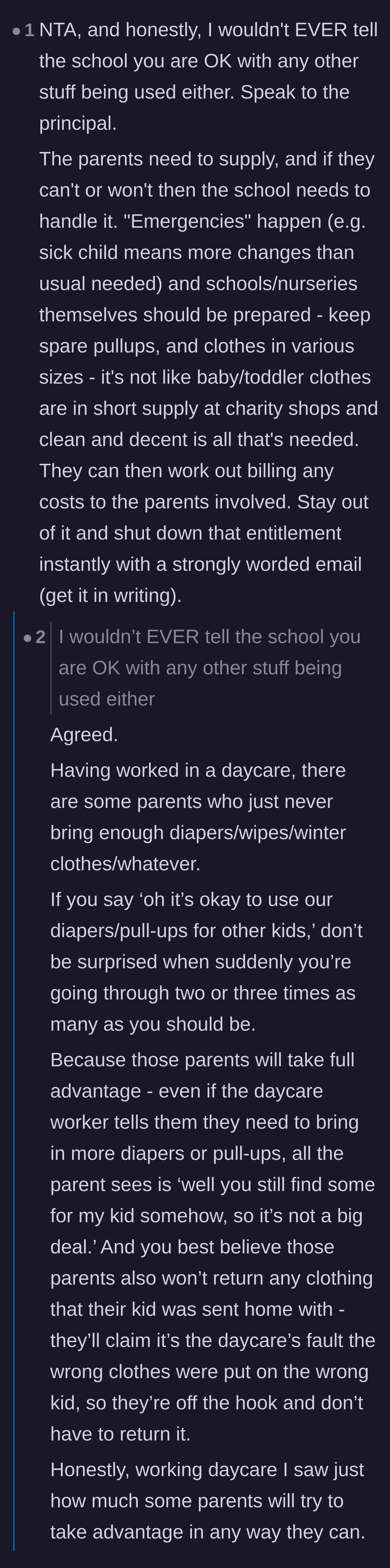 Comment thread 6 - Warning the mother not to allow the school to use any of her supplies, not even the diapers