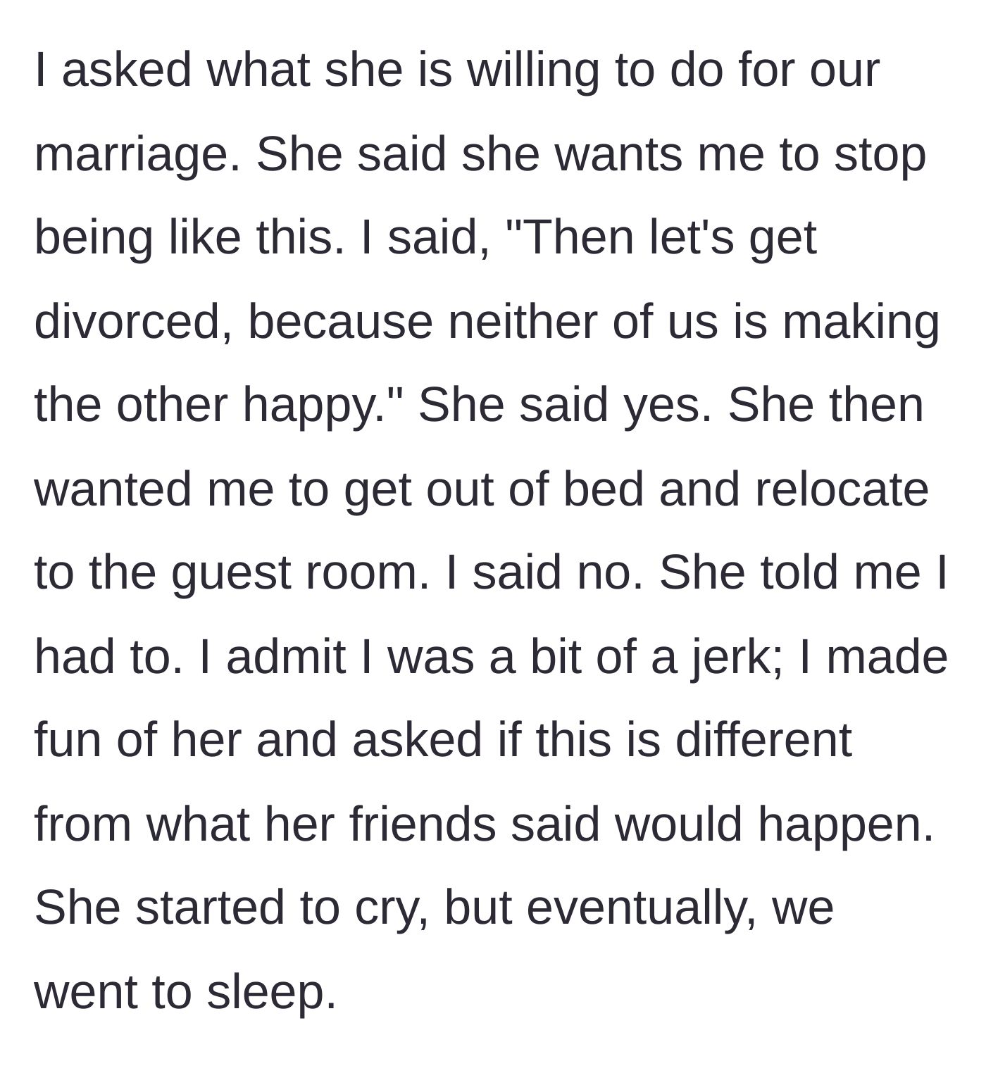 Story part 5 - A discussion about saving the marriage leads to a mutual agreement to divorce, with the wife demanding the husband leave their bedroom.