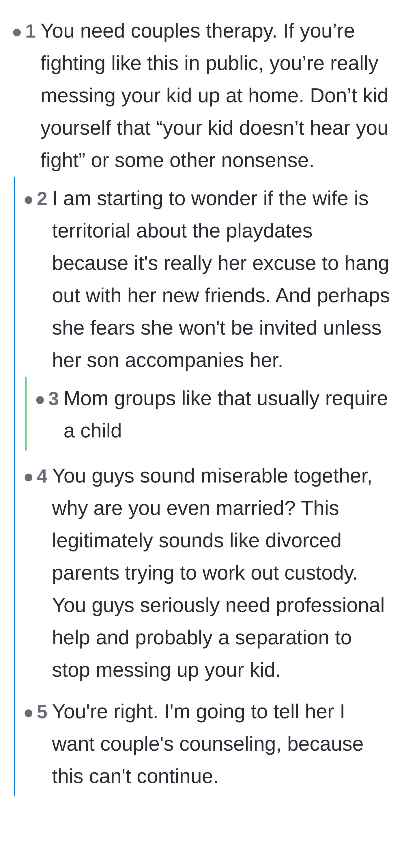 Comment thread 1 - Readers discussing the toxic dynamic, the reality of screen-time playdates, and the wife's alarming threats to weaponize the police.