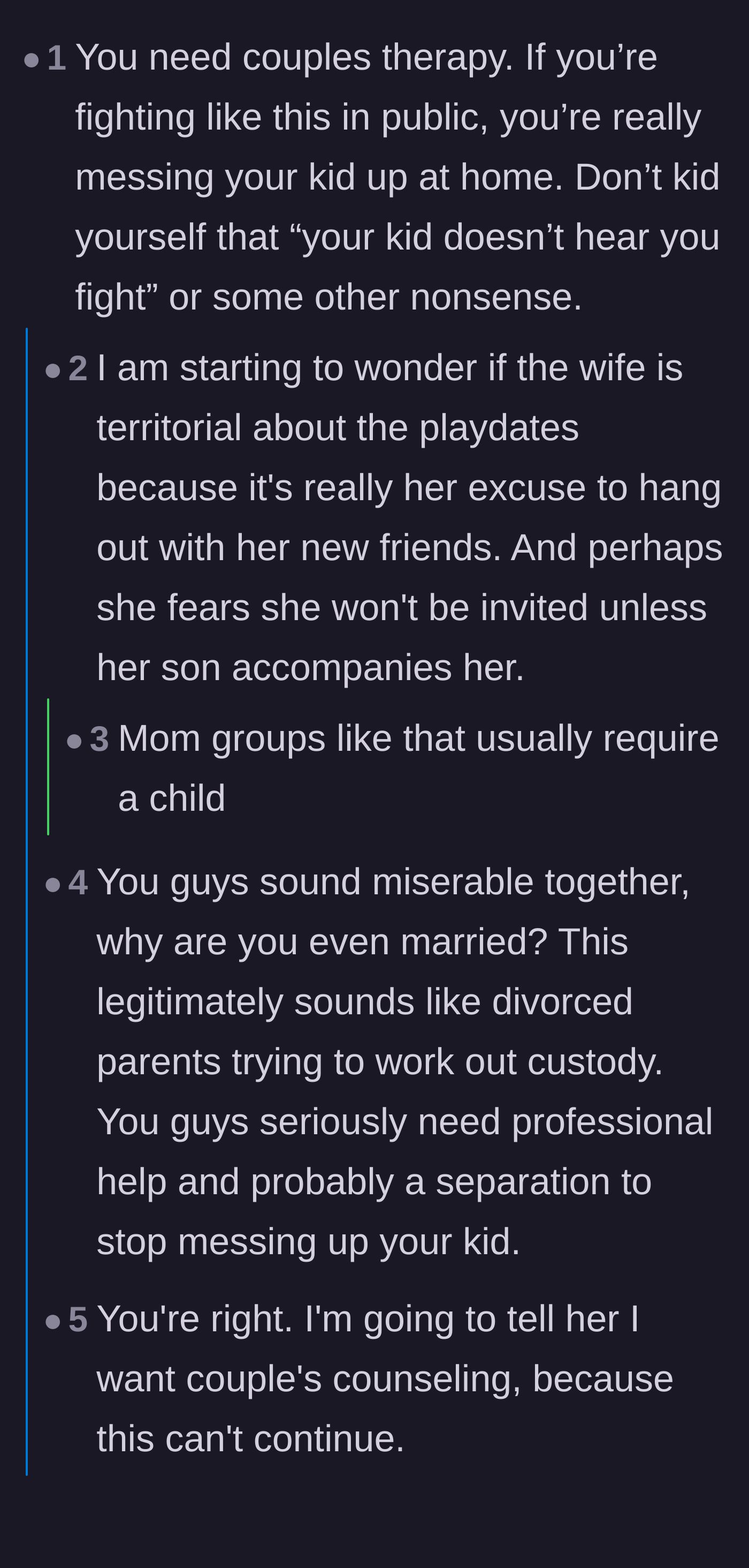 Comment thread 1 - Readers discussing the toxic dynamic, the reality of screen-time playdates, and the wife's alarming threats to weaponize the police.