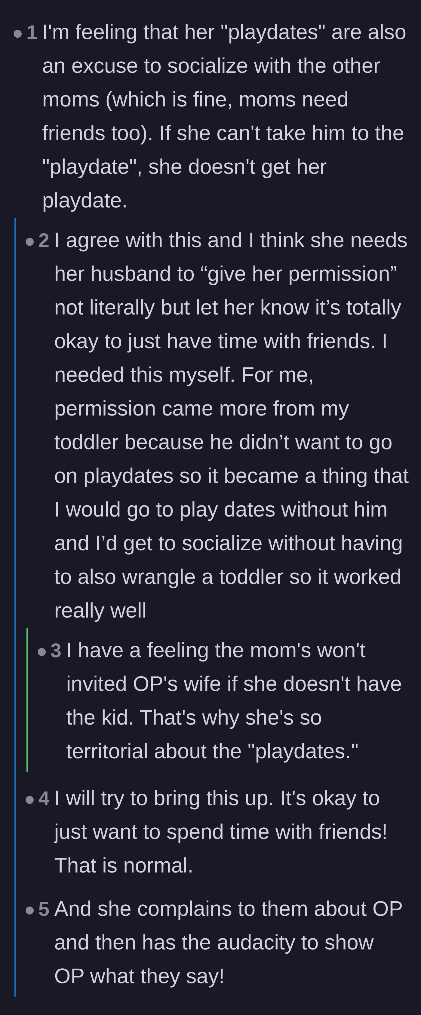Comment thread 2 - Commenters pointing out that true friends wouldn't require a toddler as a mandatory entry ticket to socialize and drink coffee.