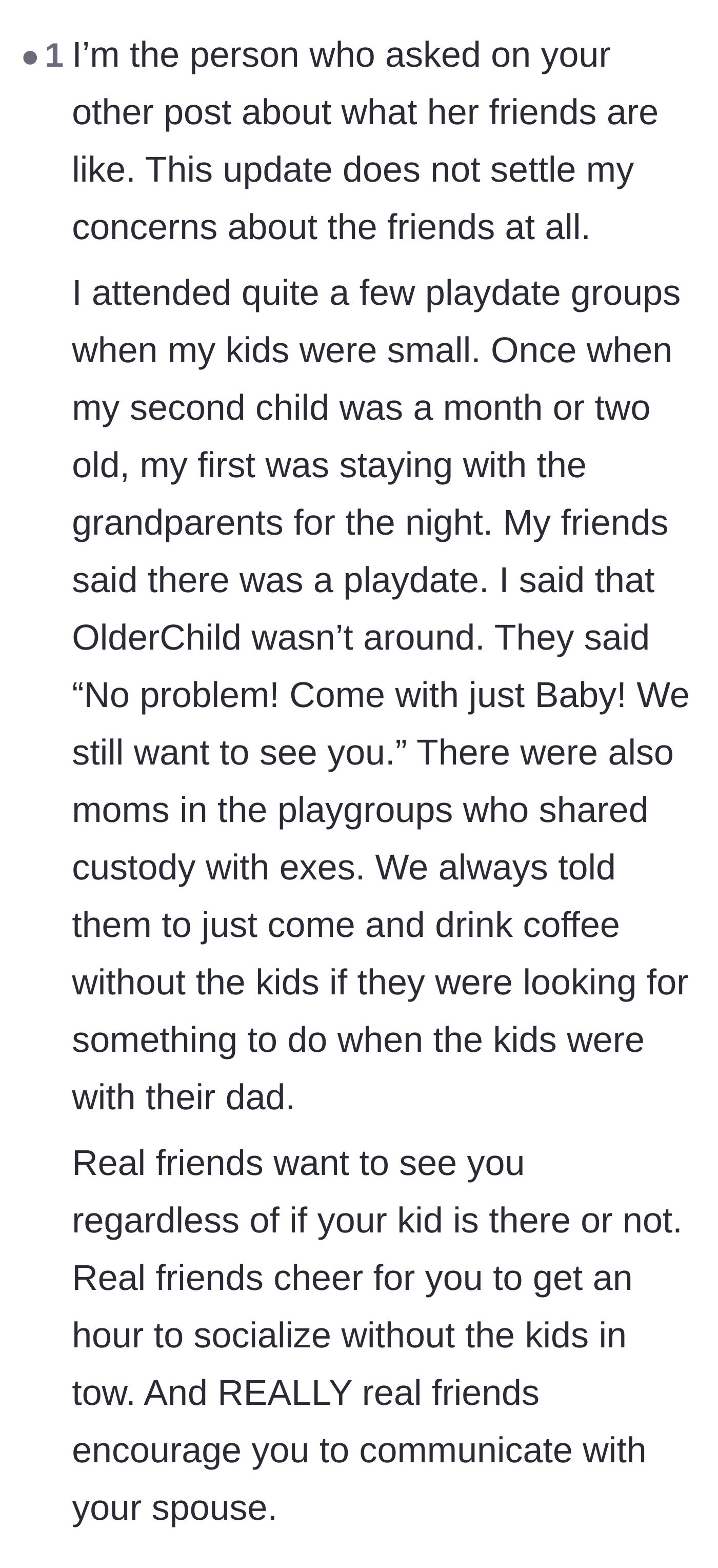 Comment thread 4 - A former playgroup mom explaining how healthy parent social circles actually operate and encourage solo adult time.