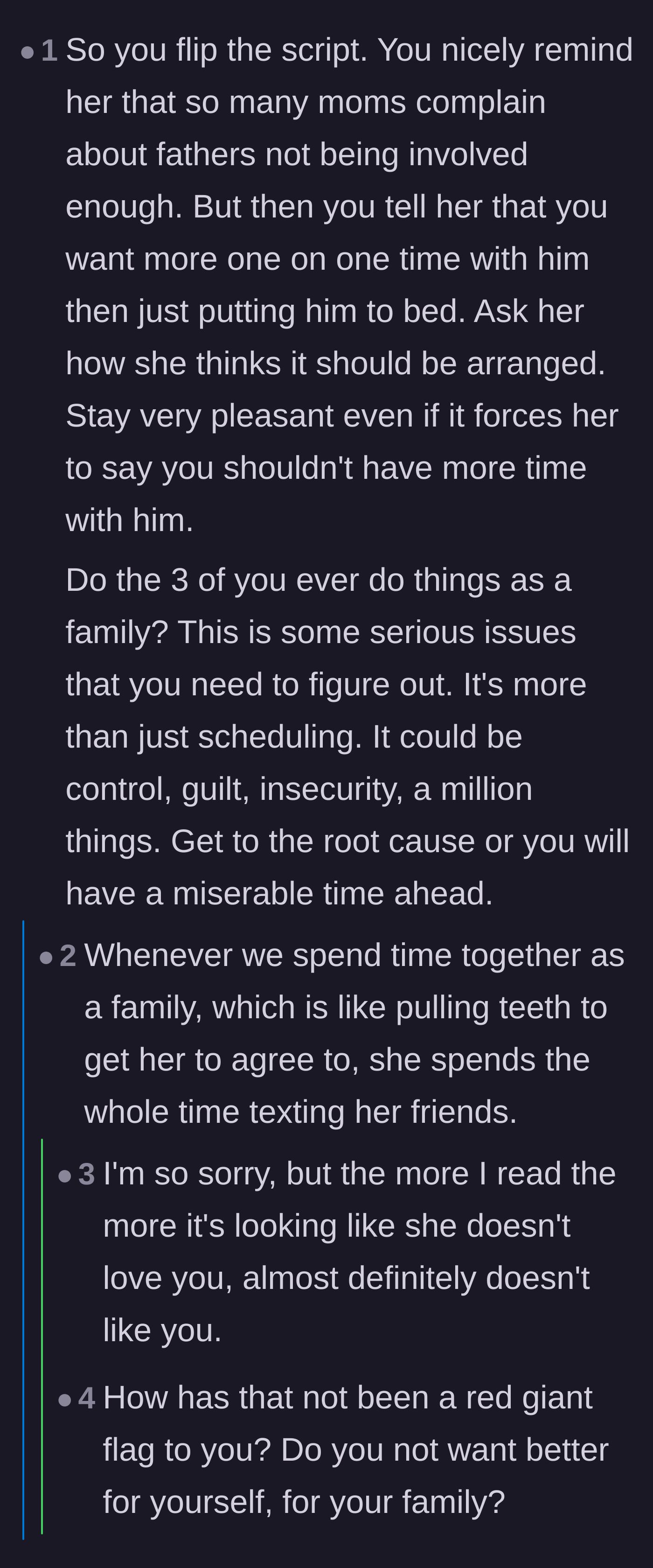 Comment thread 5 - A sobering discussion about the wife texting through family time and the realization that the marriage is already functionally over.