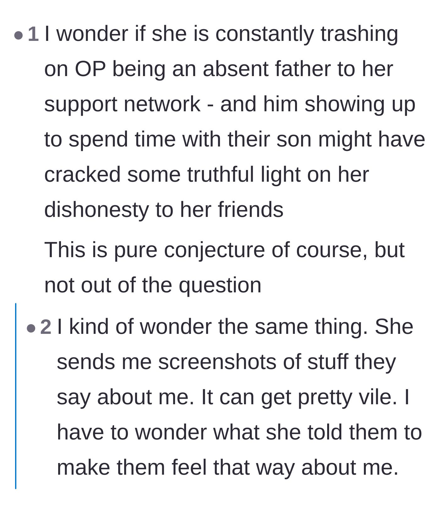 Comment thread 6 - Readers reacting to the horrifying revelation that the wife intentionally forwards vile, insulting messages from her friends to her husband.
