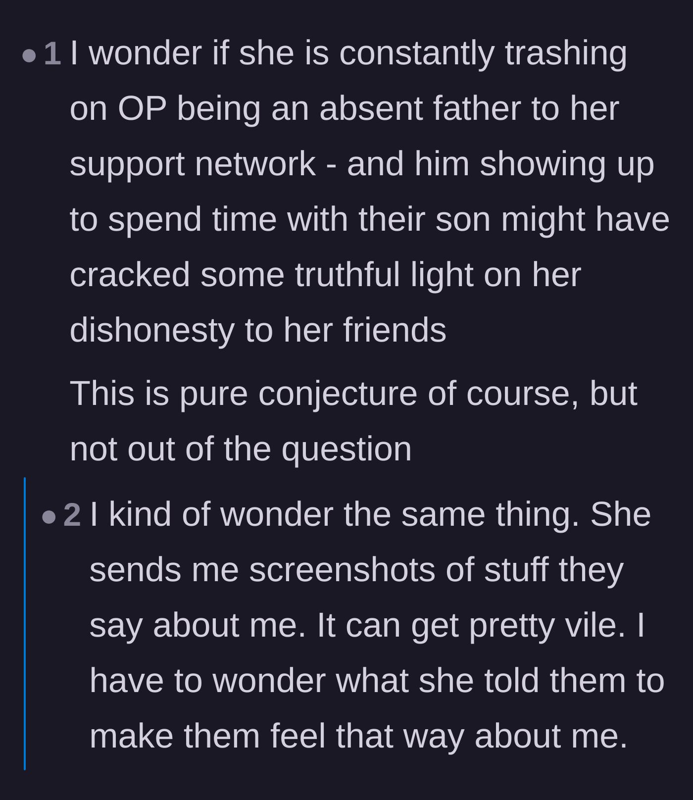 Comment thread 6 - Readers reacting to the horrifying revelation that the wife intentionally forwards vile, insulting messages from her friends to her husband.