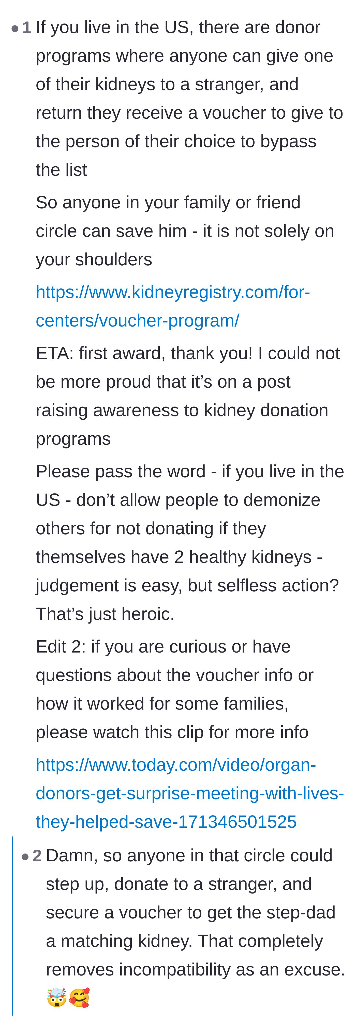 Comment thread 1 - A discussion about paired kidney exchange programs that allow incompatible family members to donate on behalf of the stepfather.
