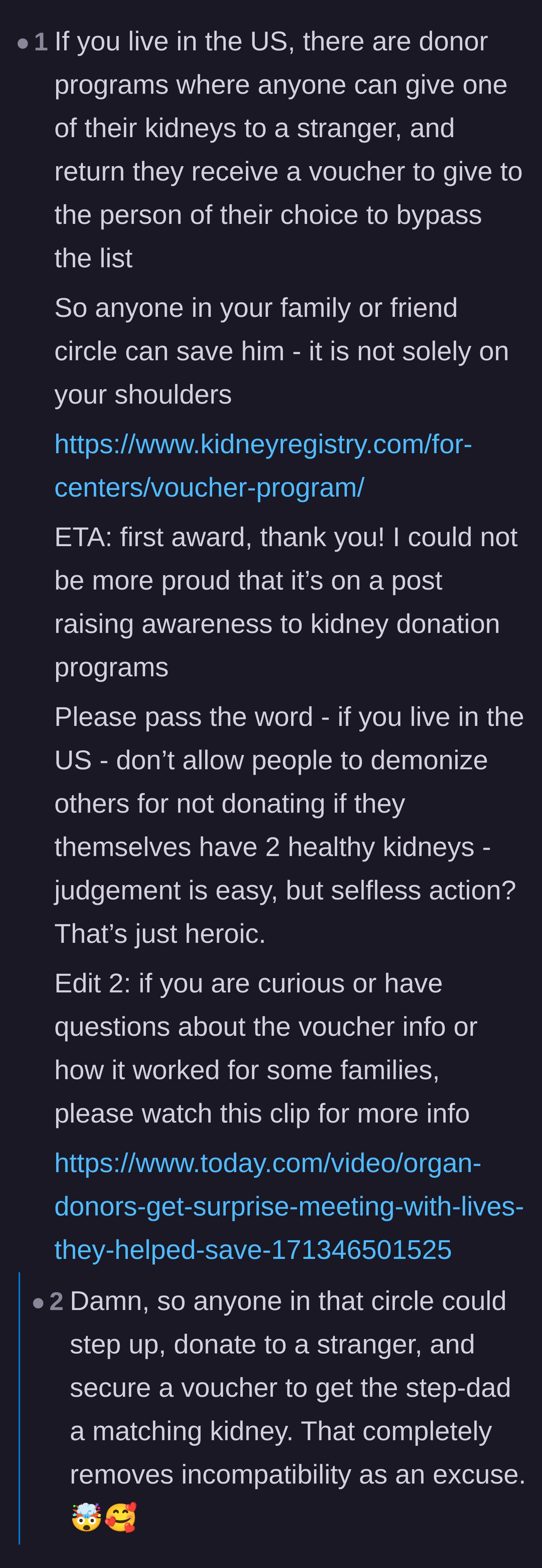 Comment thread 1 - A discussion about paired kidney exchange programs that allow incompatible family members to donate on behalf of the stepfather.