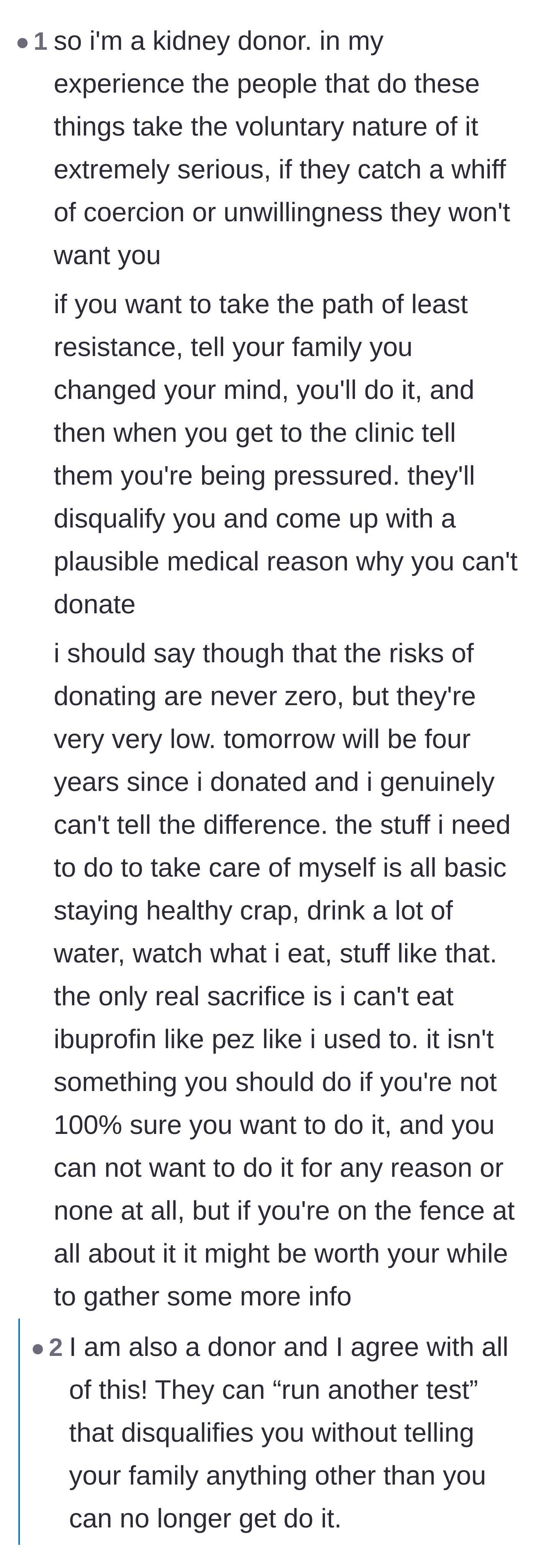 Comment thread 2 - Actual kidney and bone marrow donors explaining that transplant clinics will discreetly disqualify any donor who feels pressured.