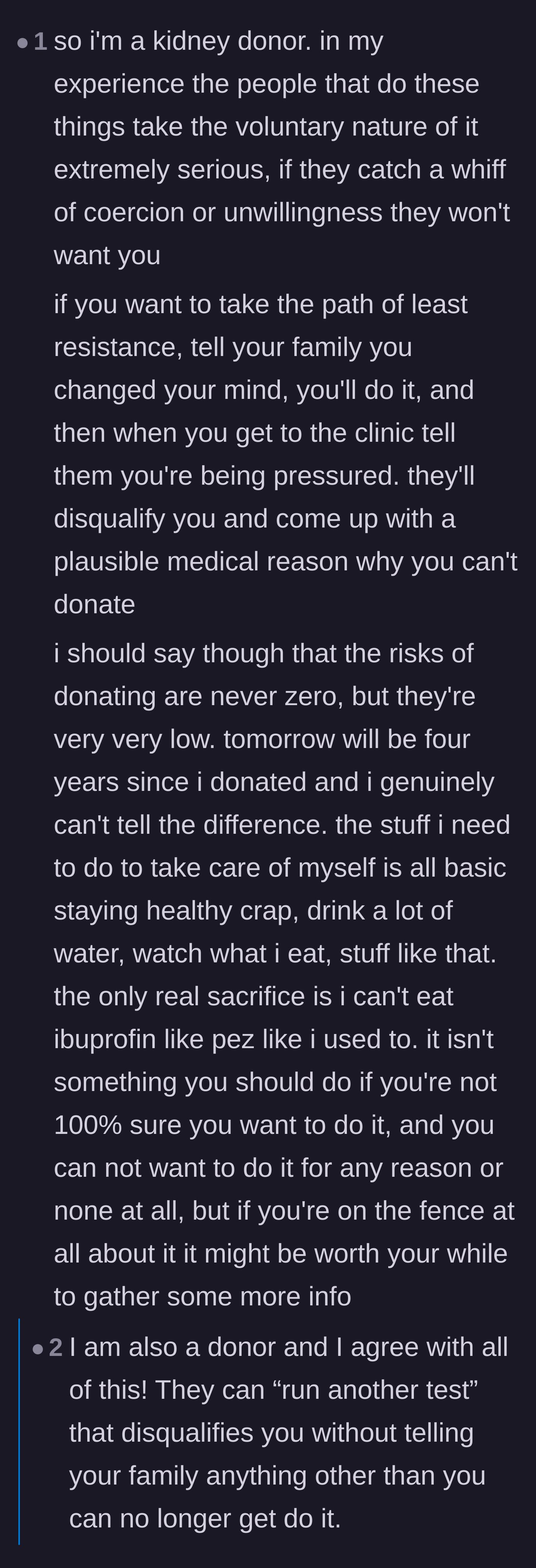 Comment thread 2 - Actual kidney and bone marrow donors explaining that transplant clinics will discreetly disqualify any donor who feels pressured.