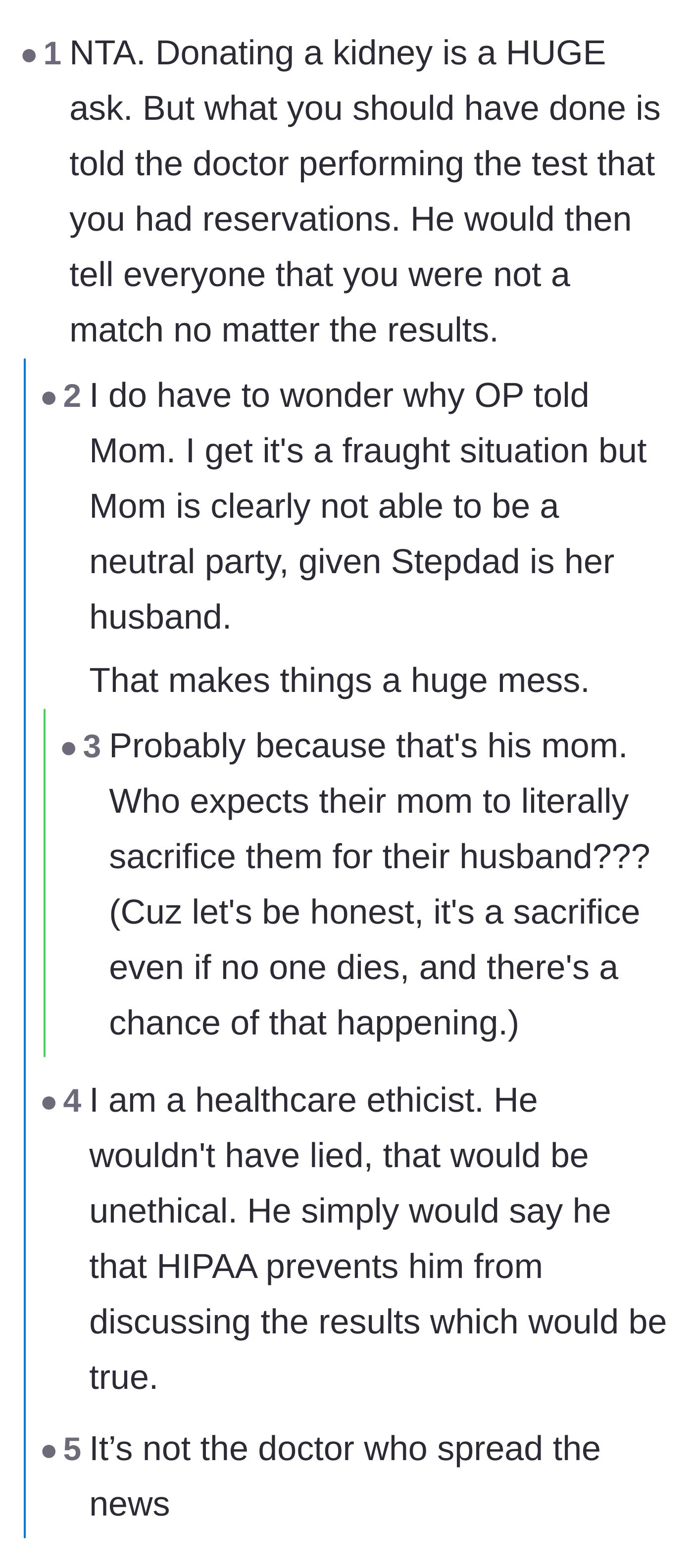 Comment thread 3 - A debate over whether the son was naive to trust his mother with his test results and how doctors handle donor confidentiality.