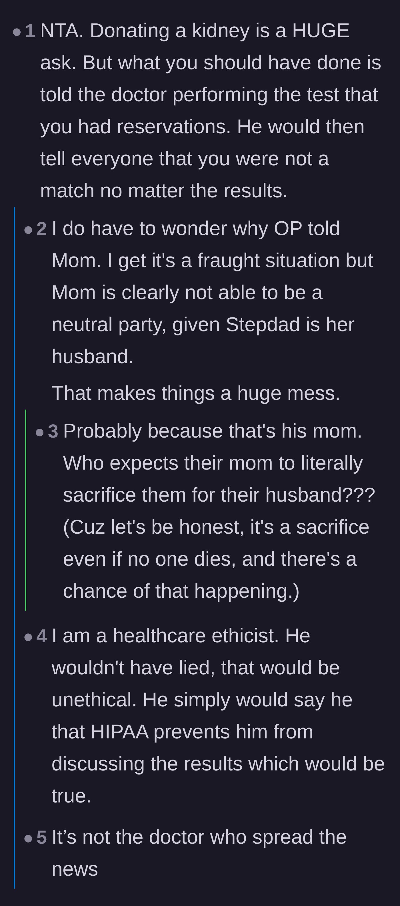 Comment thread 3 - A debate over whether the son was naive to trust his mother with his test results and how doctors handle donor confidentiality.