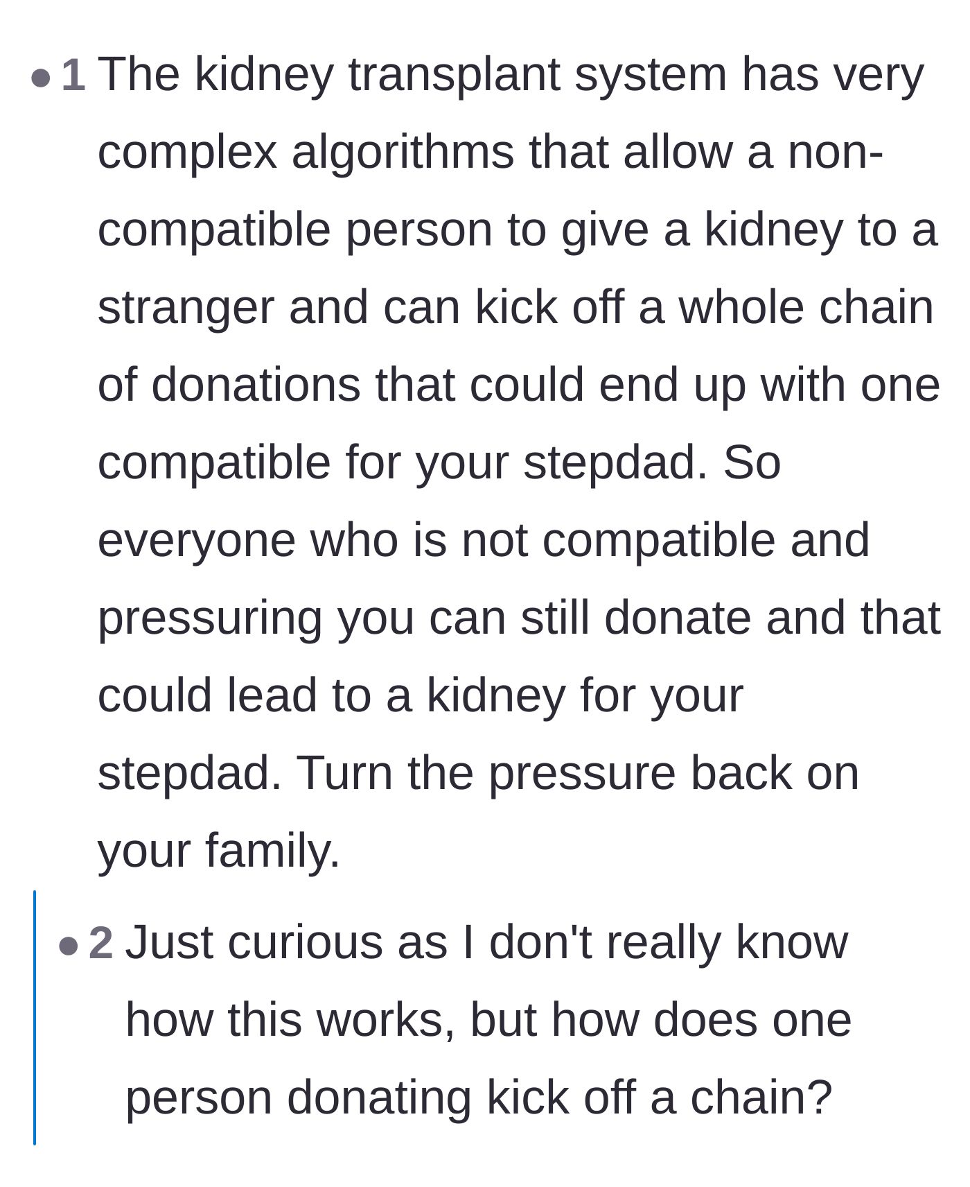 Comment thread 4 - Detailed explanations of how donation chains work, suggesting the son tell his pressuring family members to donate their own organs to a stranger.