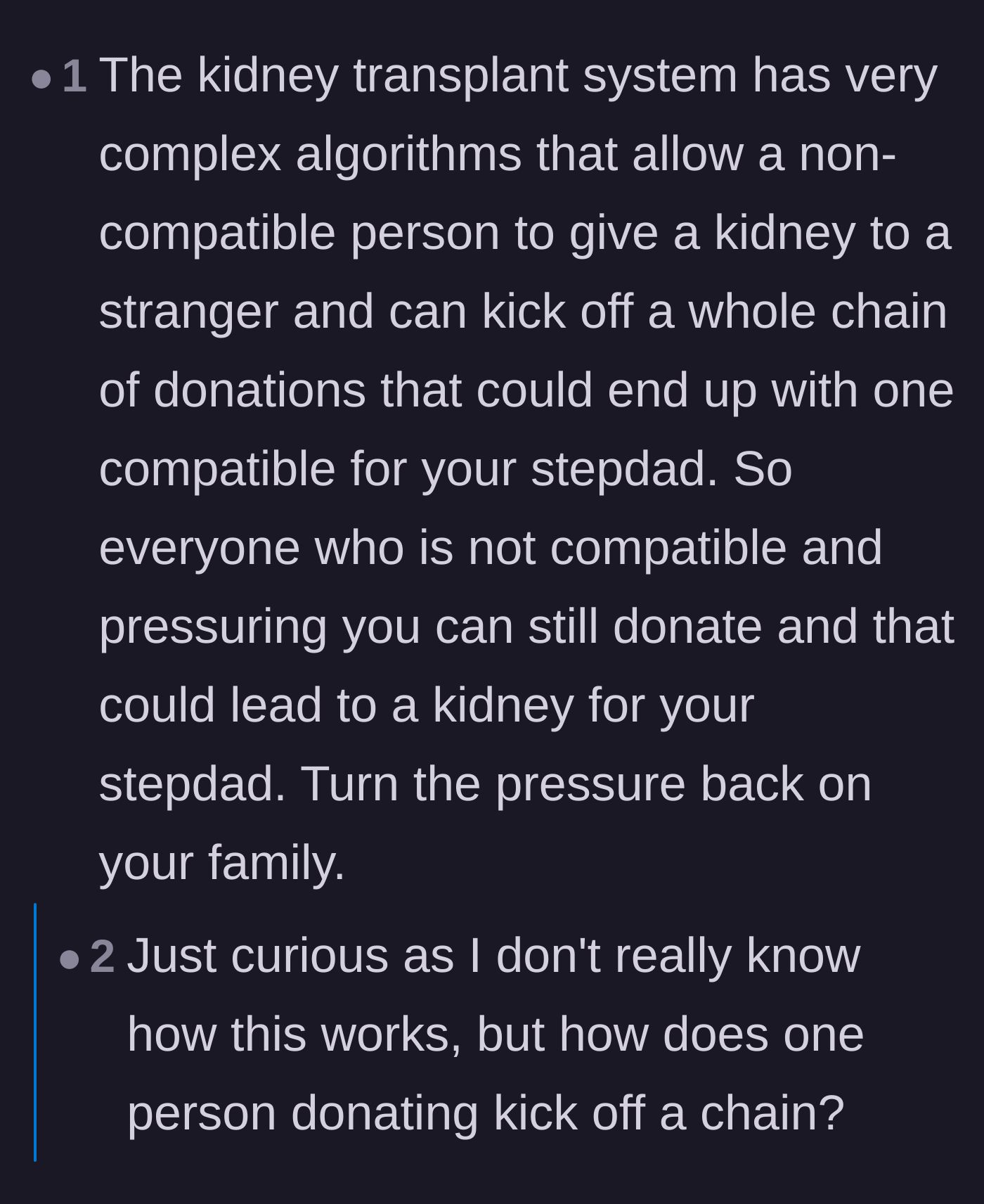 Comment thread 4 - Detailed explanations of how donation chains work, suggesting the son tell his pressuring family members to donate their own organs to a stranger.