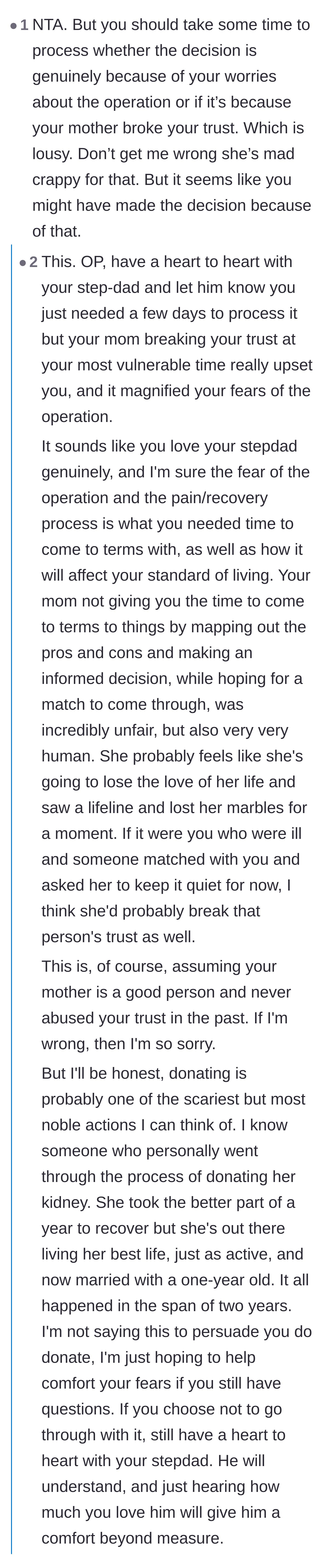 Comment thread 5 - A nuanced conversation urging the son to separate his genuine fear of surgery from his understandable anger over his mother's betrayal.