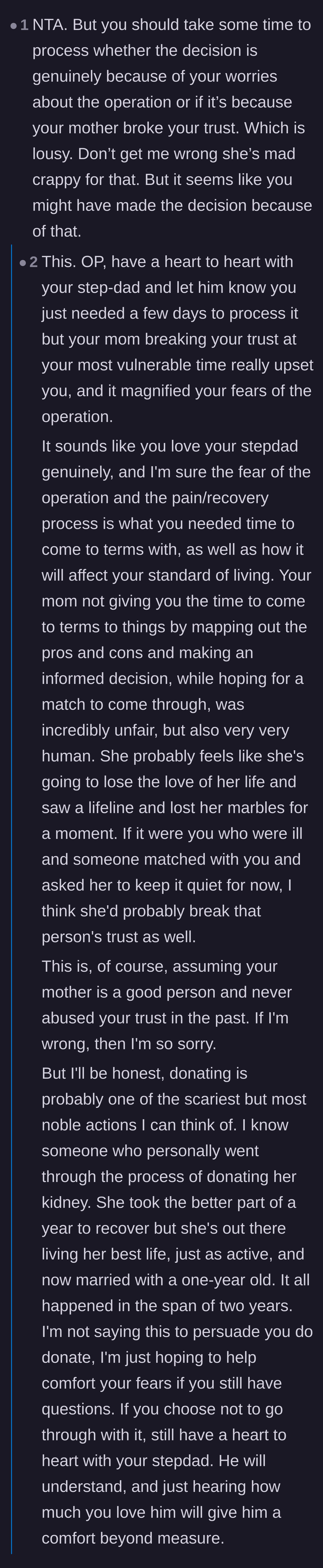 Comment thread 5 - A nuanced conversation urging the son to separate his genuine fear of surgery from his understandable anger over his mother's betrayal.